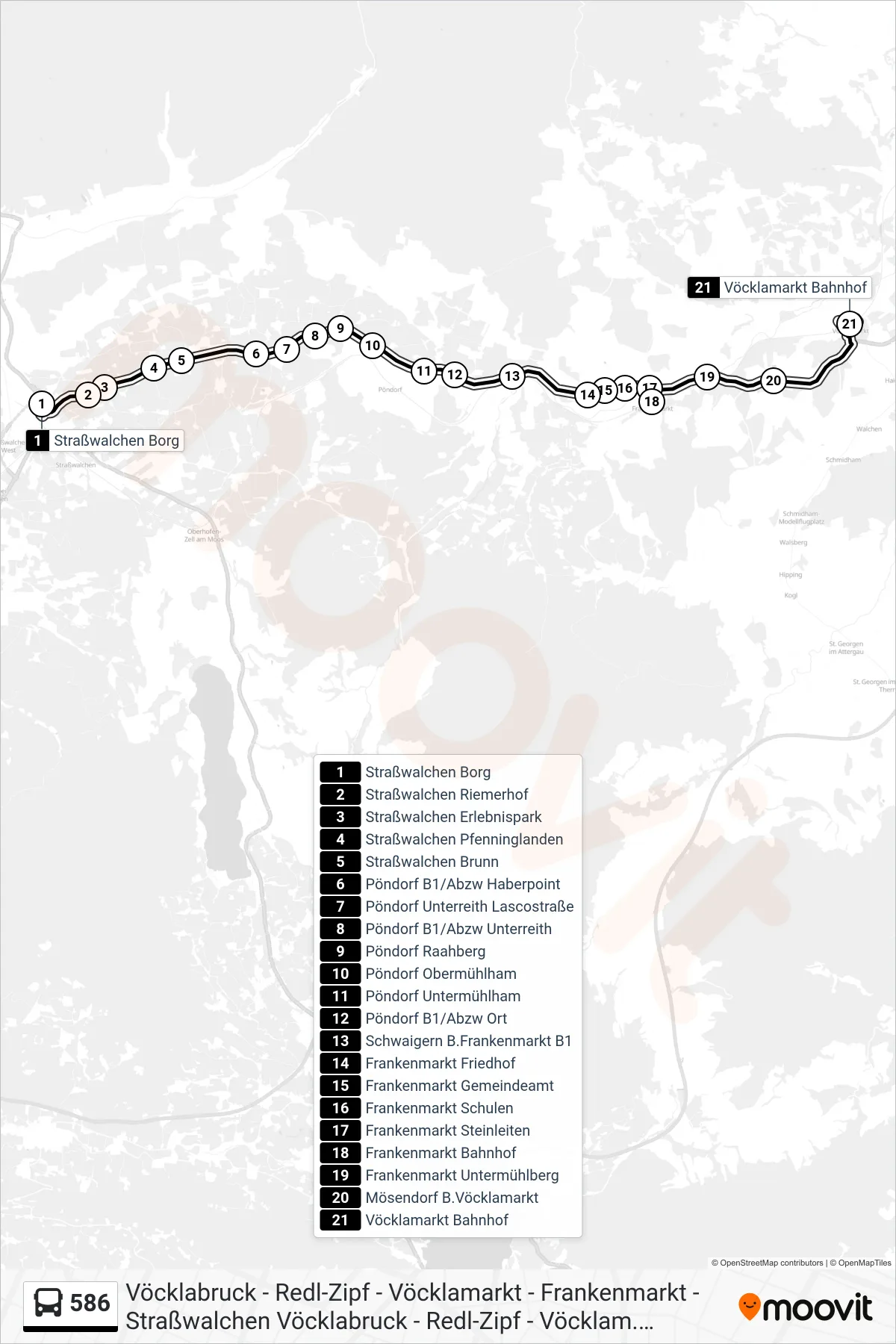 586 bus Line (Vöcklamarkt Bahnhof) route and stops on a map