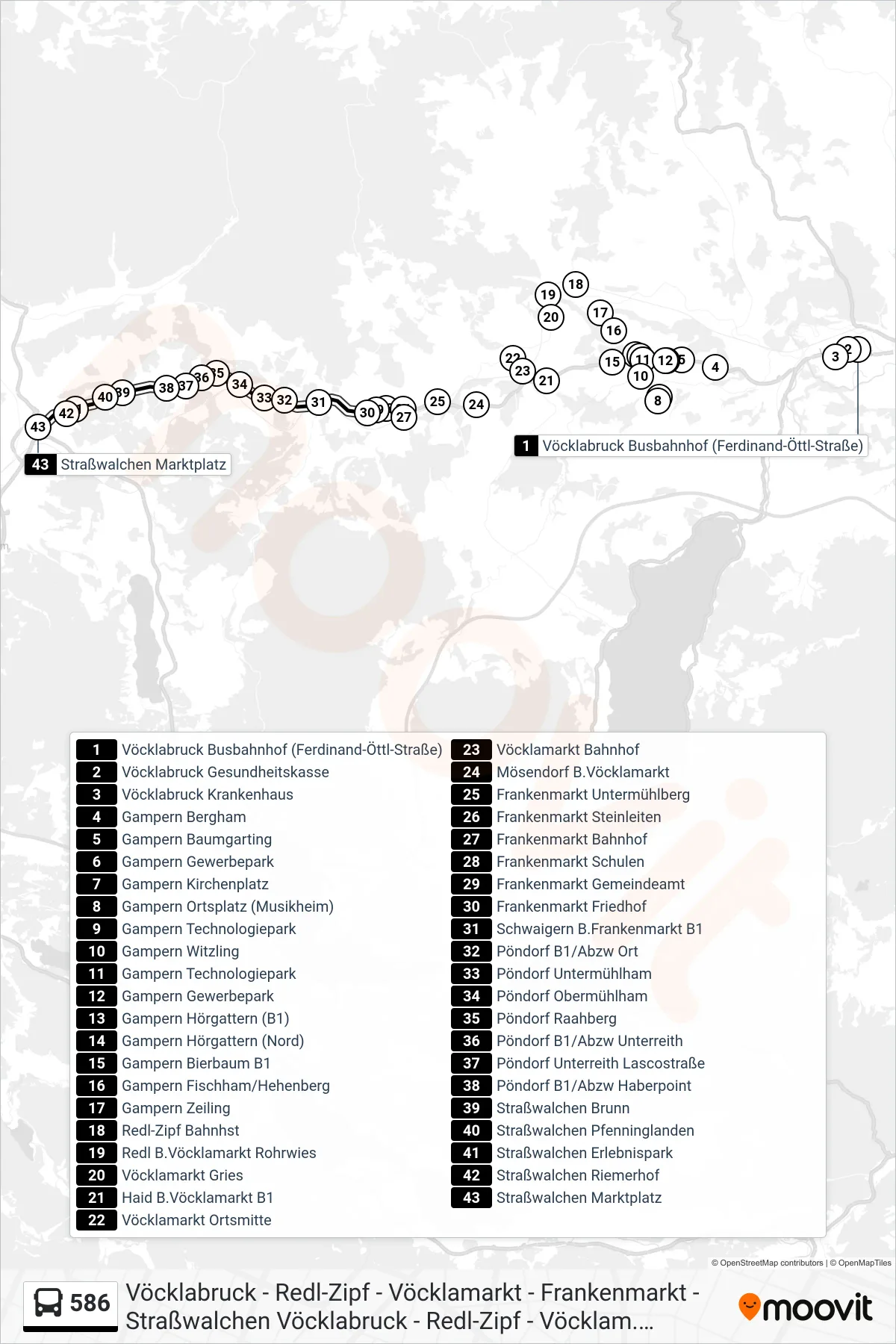 586 bus Line (Straßwalchen Marktplatz) route and stops on a map