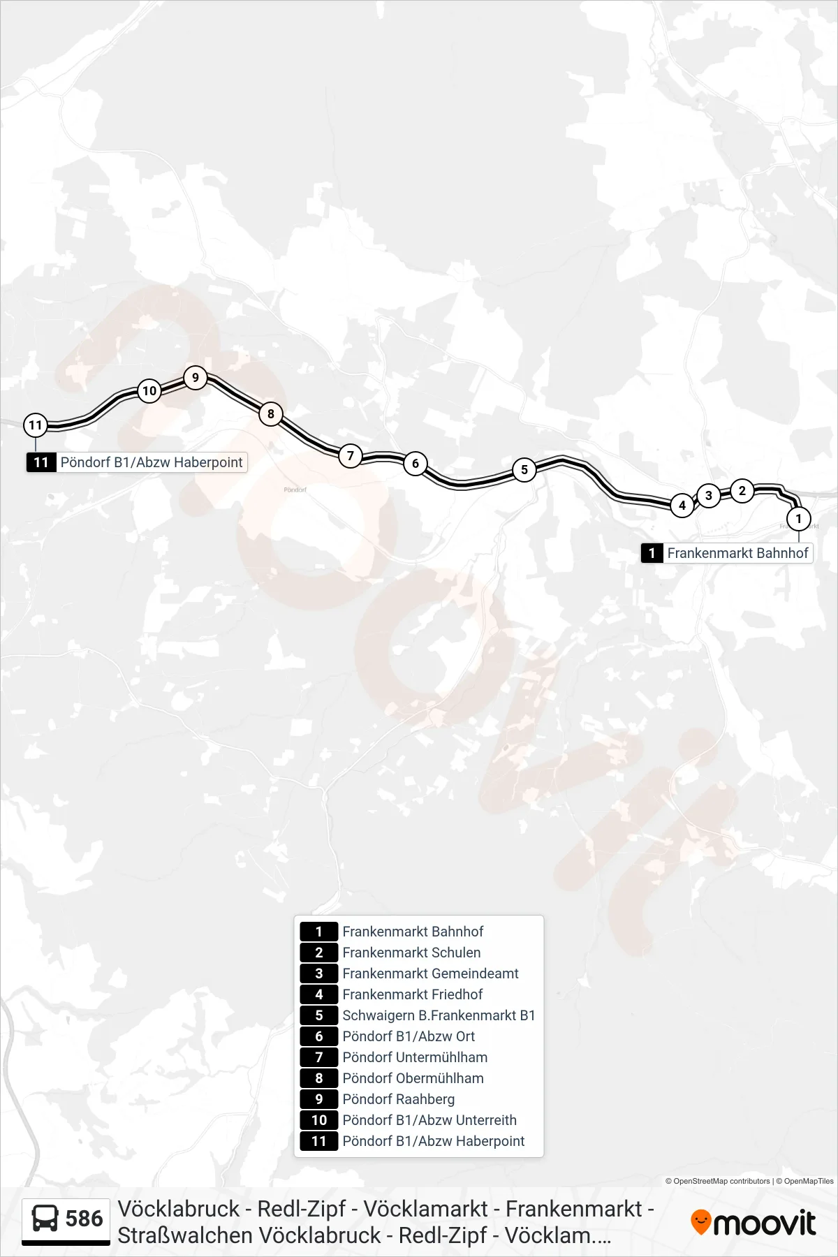 586 bus Line (Pöndorf B1/Abzw Haberpoint) route and stops on a map