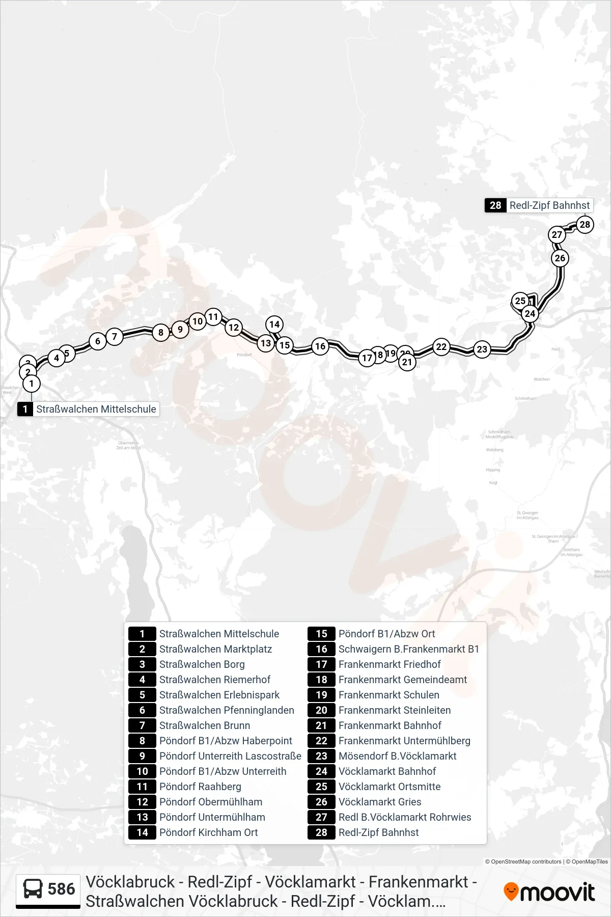 Linie 586 (Bus) Richtung Redl-Zipf Bahnhst: Route und Haltestellen auf der Karte