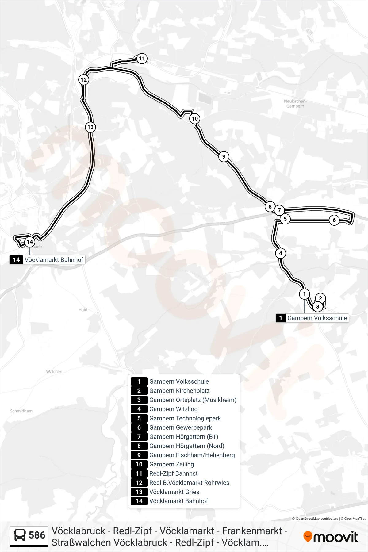 586 bus Line (Vöcklamarkt Bahnhof) route and stops on a map