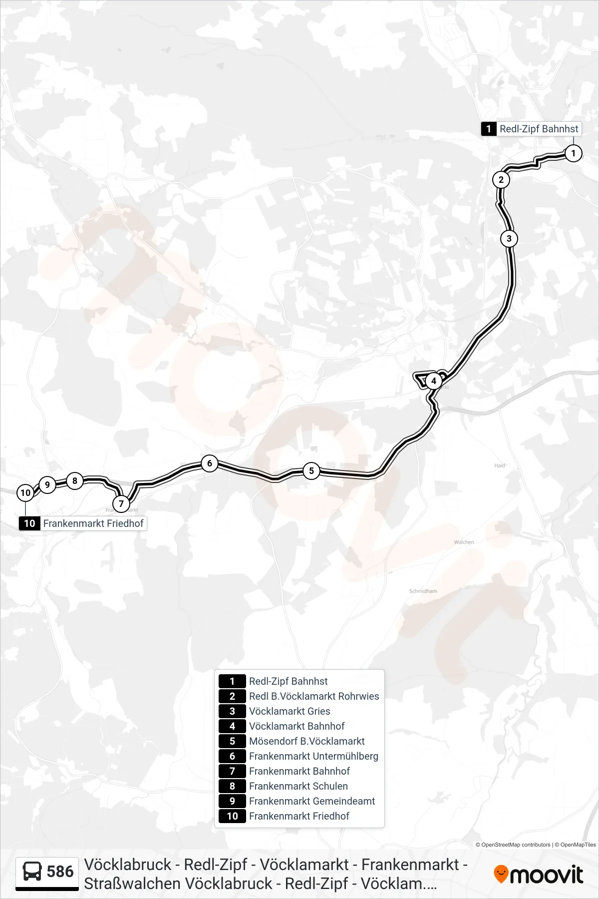 586 bus Line (Frankenmarkt Friedhof) route and stops on a map