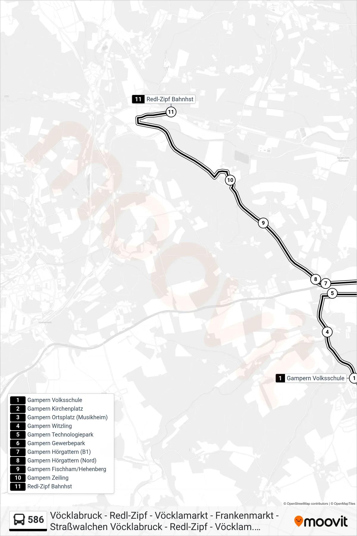 Linie 586 (Bus) Richtung Redl-Zipf Bahnhst: Route und Haltestellen auf der Karte
