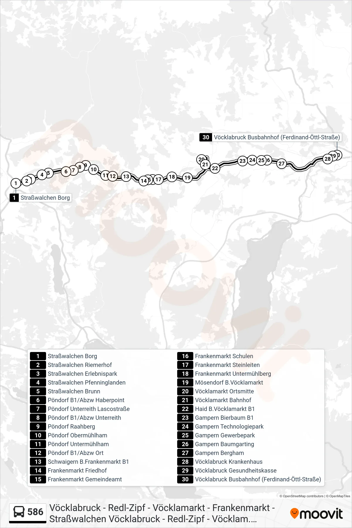 586 bus Line (Vöcklabruck Busbahnhof (Ferdinand-Öttl-Straße)) route and stops on a map