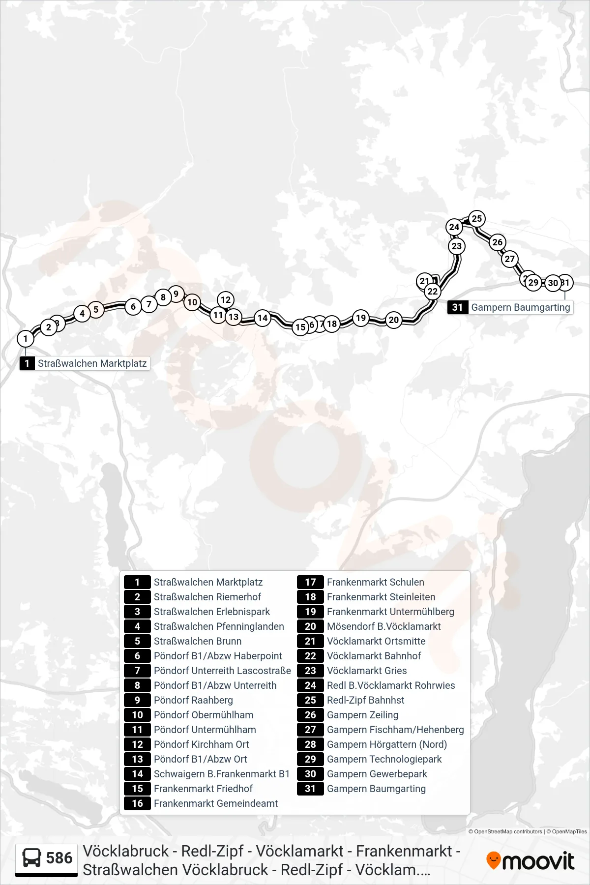 586 bus Line (Gampern Baumgarting) route and stops on a map