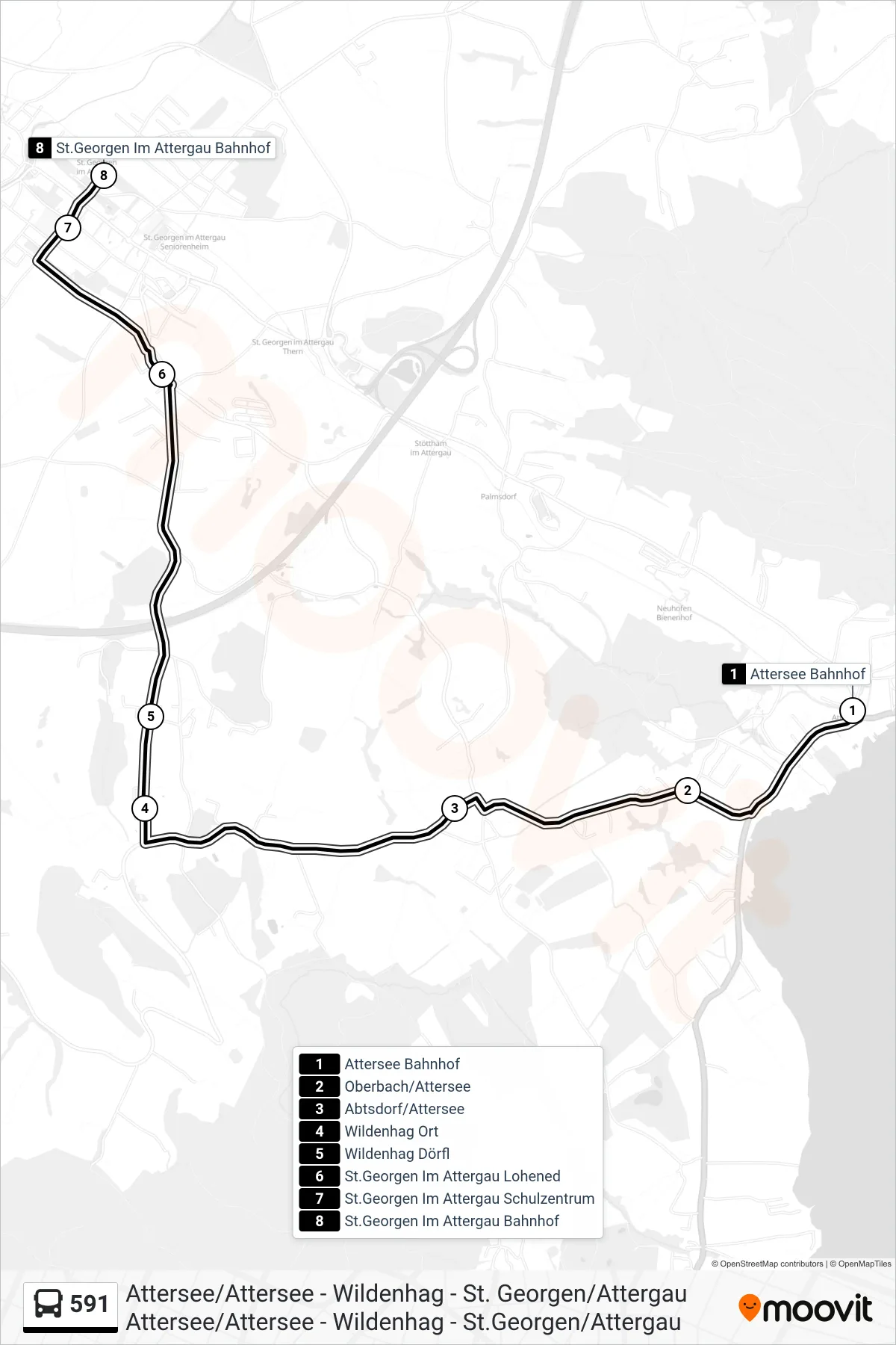 591 bus Line (St.Georgen Im Attergau Bahnhof) route and stops on a map