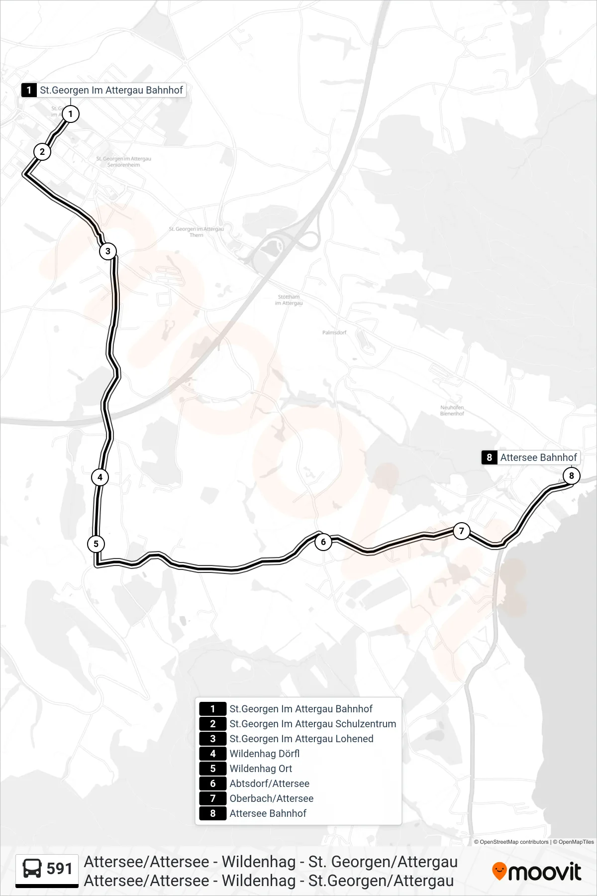 Linie 591 (Bus) Richtung Attersee Bahnhof: Route und Haltestellen auf der Karte