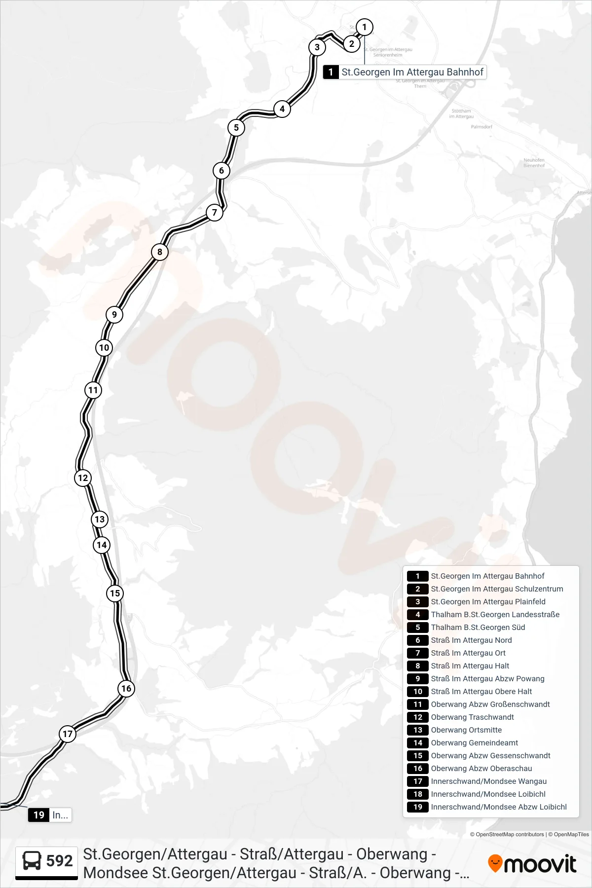 Linie 592 (Bus) Richtung Innerschwand/Mondsee Abzw Loibichl: Route und Haltestellen auf der Karte