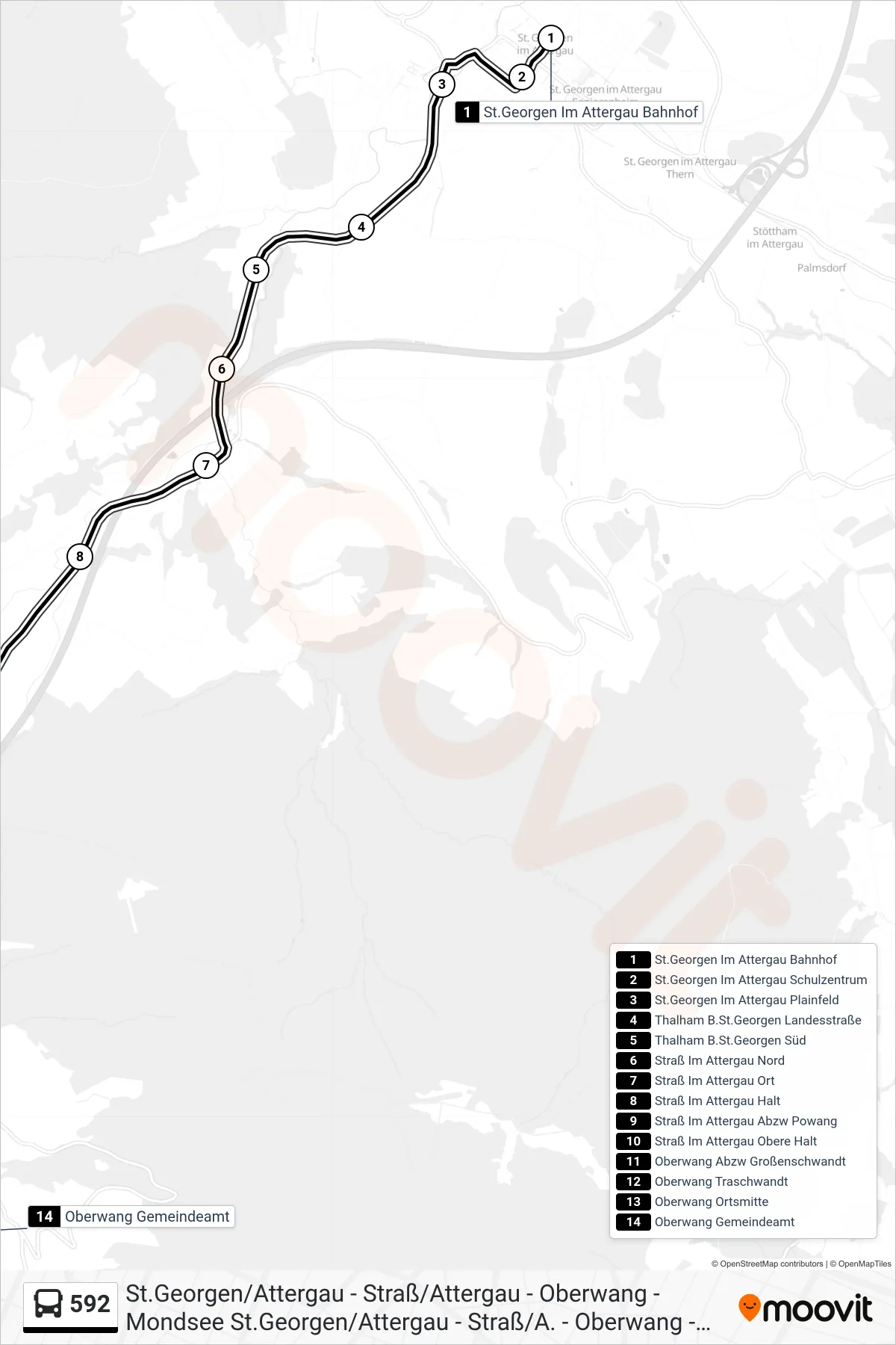 Linie 592 (Bus) Richtung Oberwang Gemeindeamt: Route und Haltestellen auf der Karte