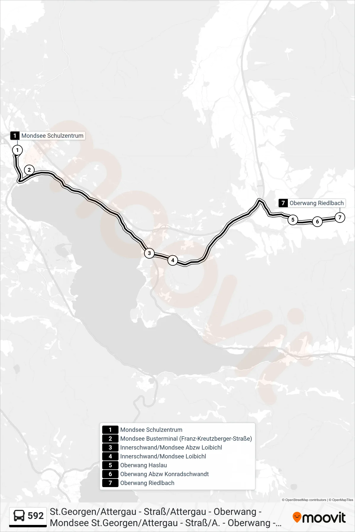Linie 592 (Bus) Richtung Oberwang Riedlbach: Route und Haltestellen auf der Karte