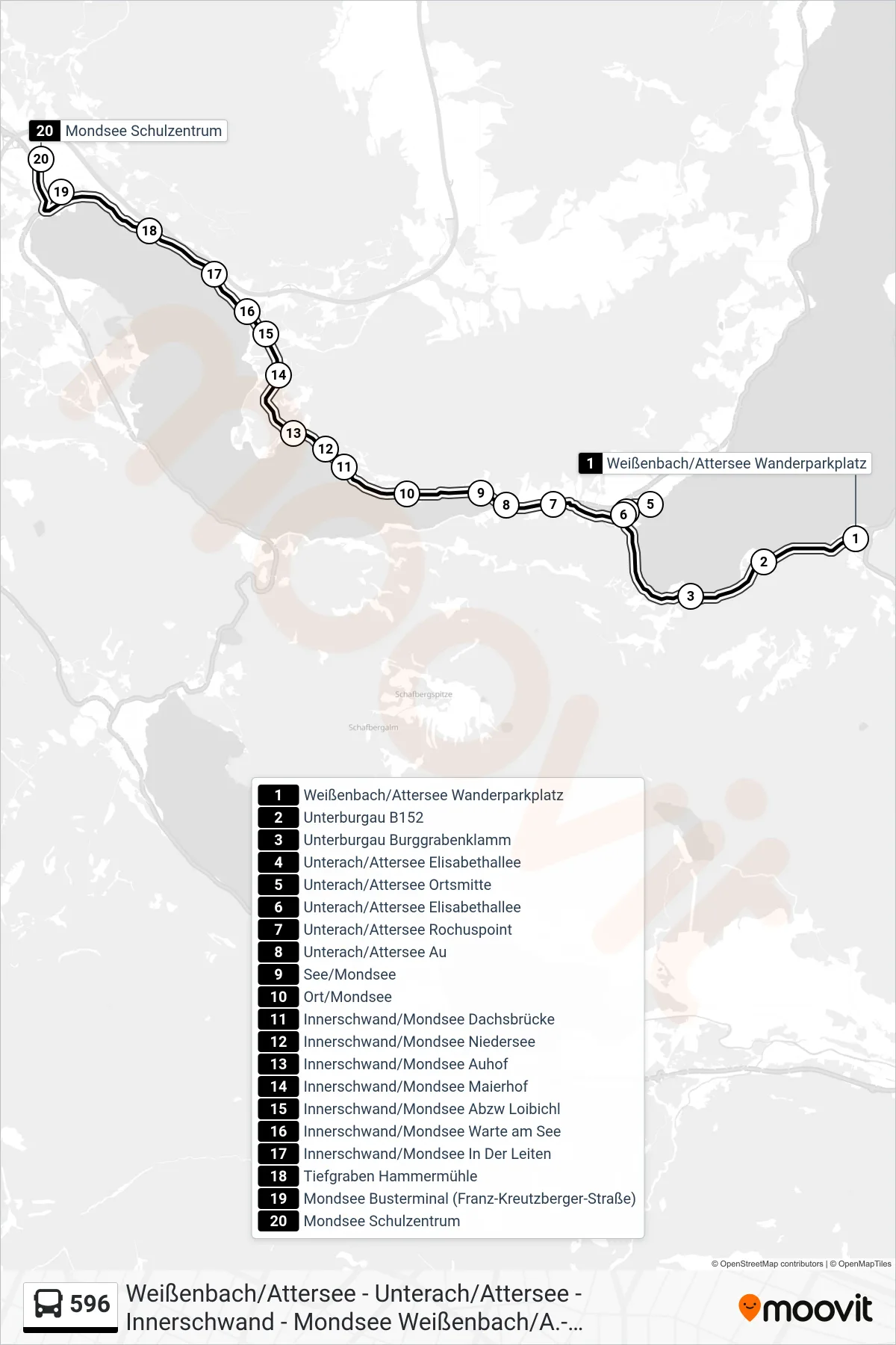 596 bus Line (Mondsee Schulzentrum) route and stops on a map
