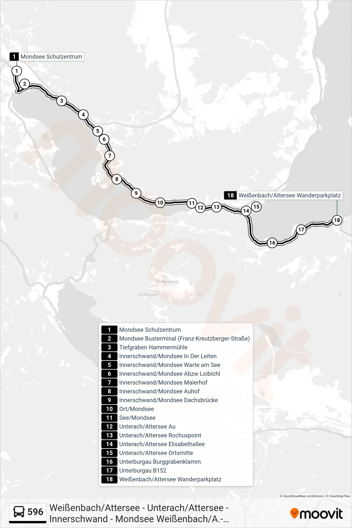 Linie 596 (Bus) Richtung Weißenbach/Attersee Wanderparkplatz: Route und Haltestellen auf der Karte