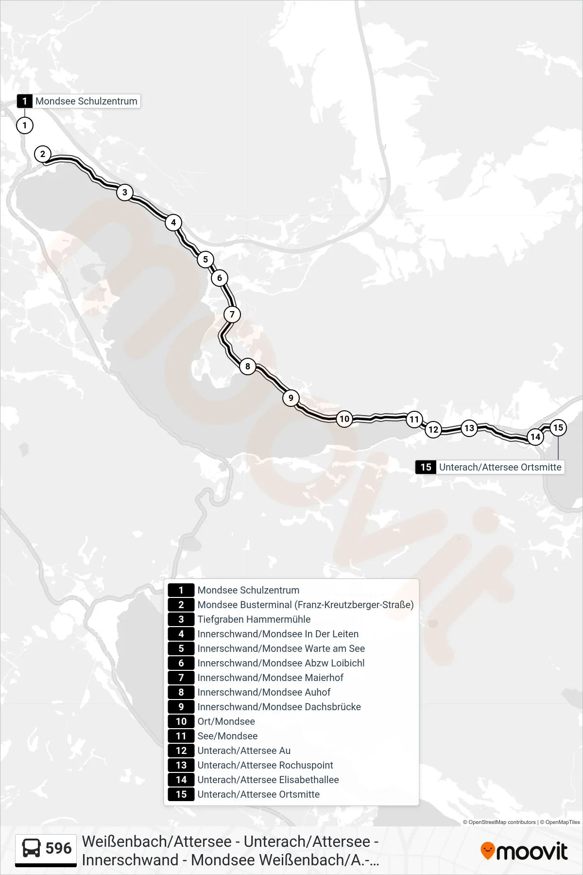 596 bus Line (Unterach/Attersee Ortsmitte) route and stops on a map
