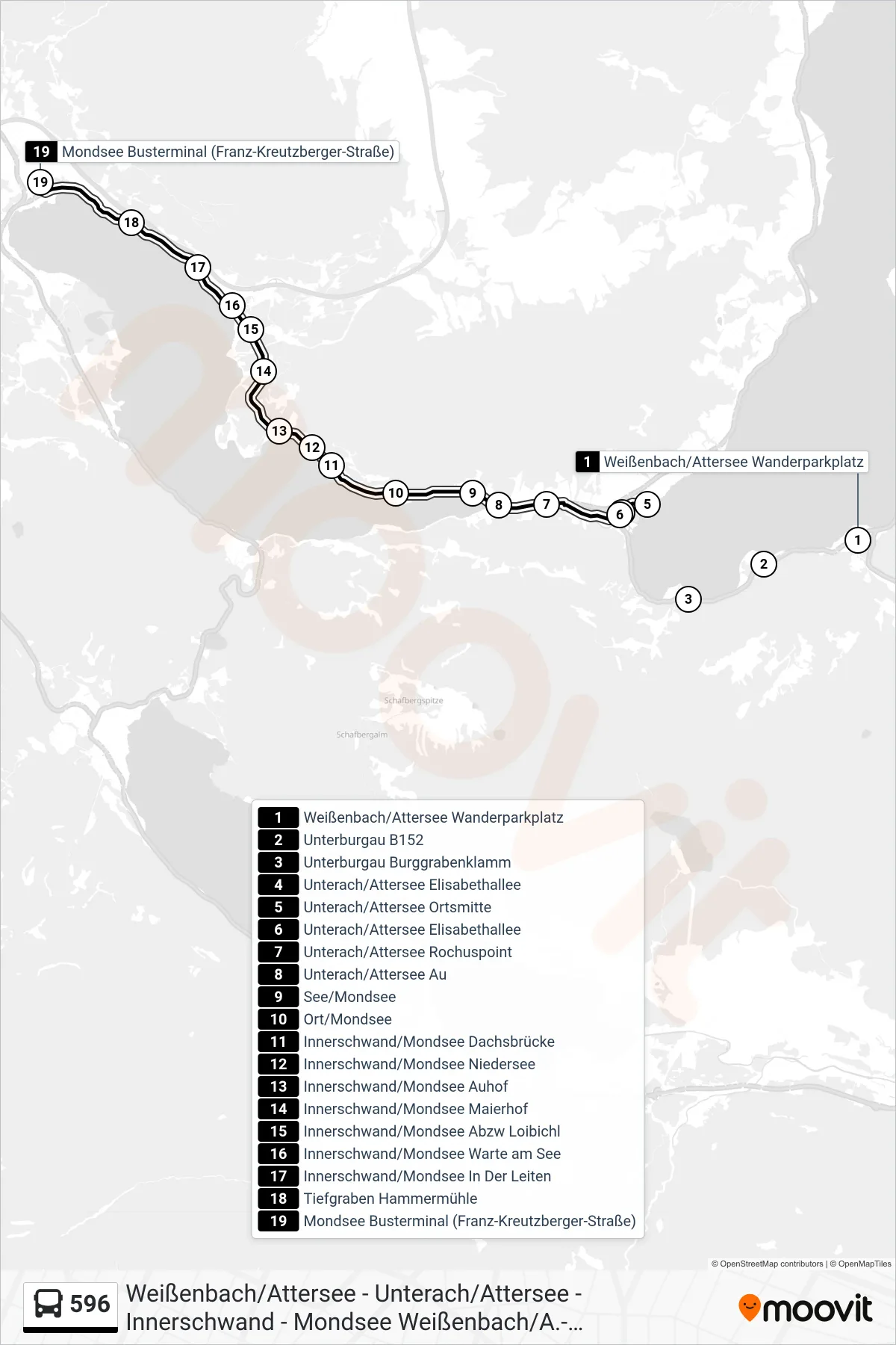 596 bus Line (Mondsee Busterminal (Franz-Kreutzberger-Straße)) route and stops on a map