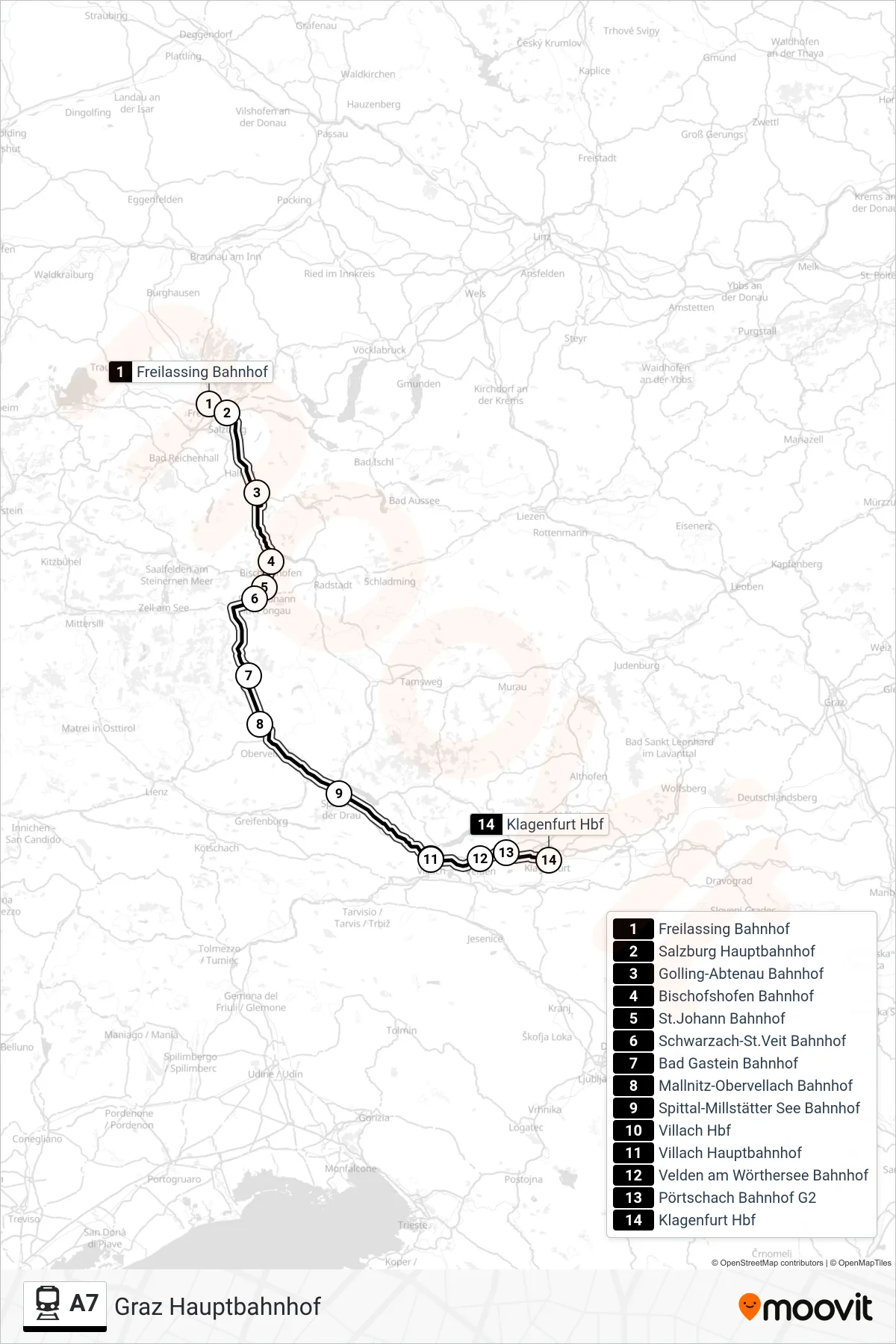 Linie A7 (Bahn) Richtung Graz Hauptbahnhof: Route und Haltestellen auf der Karte