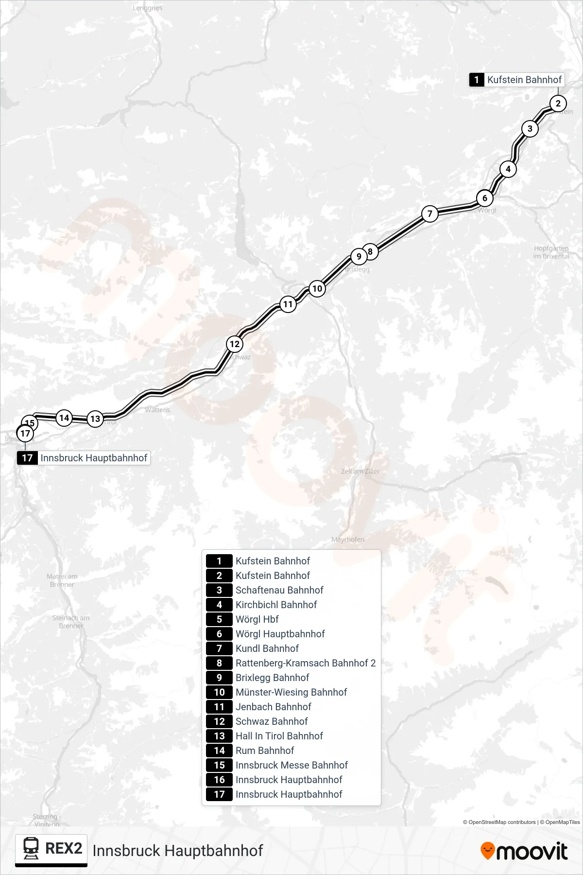 REX2 train Line (Innsbruck Hauptbahnhof) route and stops on a map