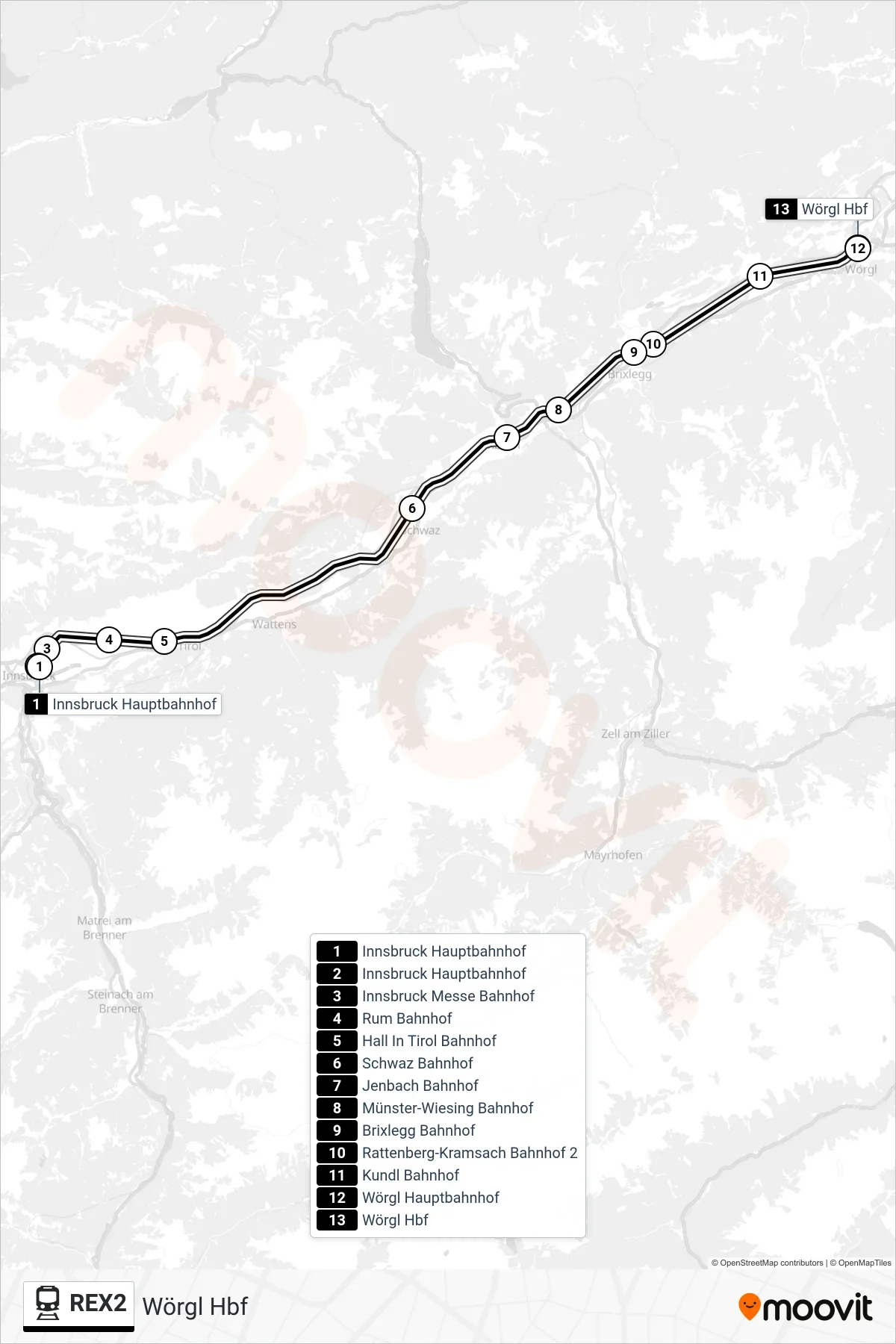Linie REX2 (Bahn) Richtung Wörgl Hbf: Route und Haltestellen auf der Karte