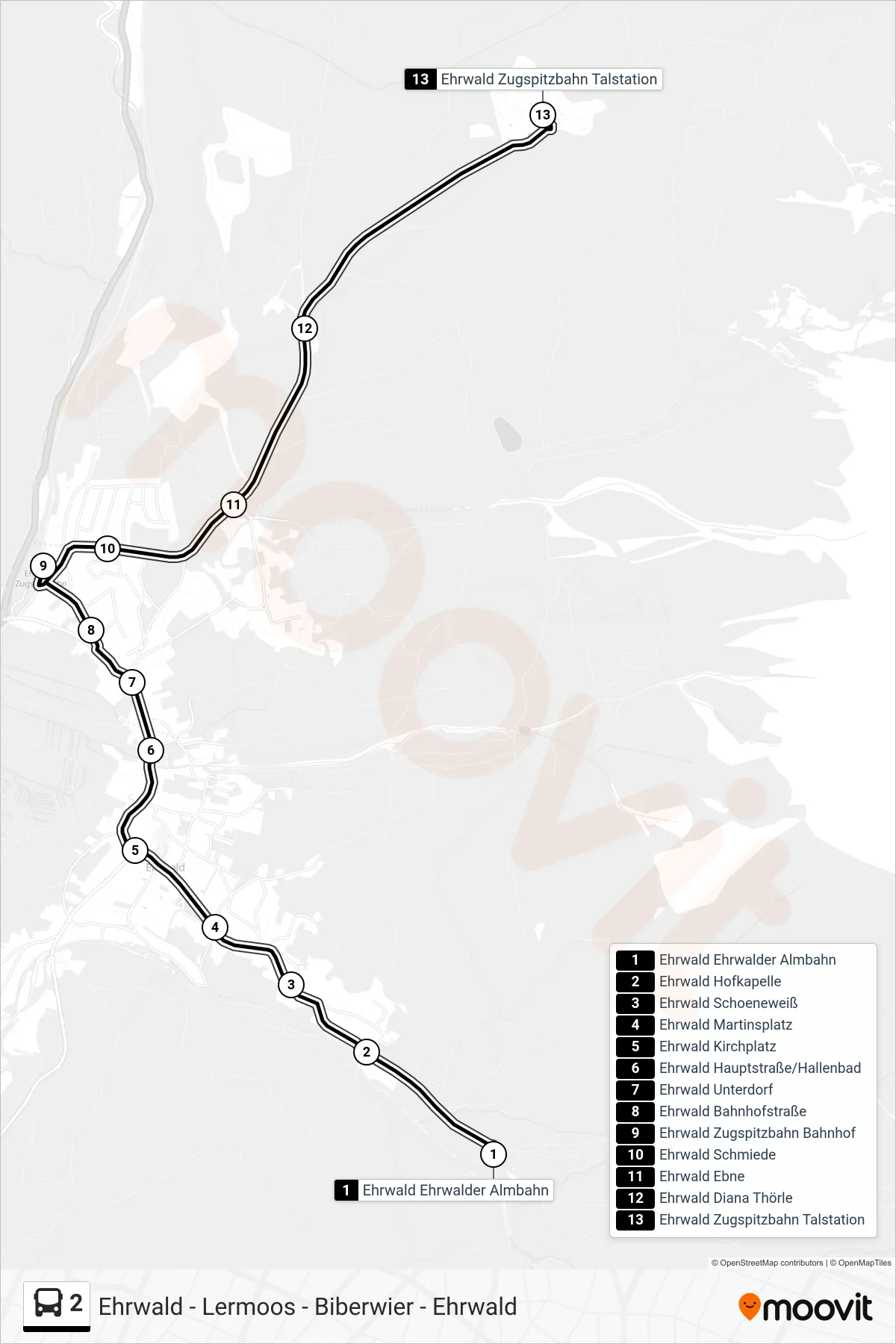 Linie 2 (Bus) Richtung Ehrwald Zugspitzbahn Talstation: Route und Haltestellen auf der Karte