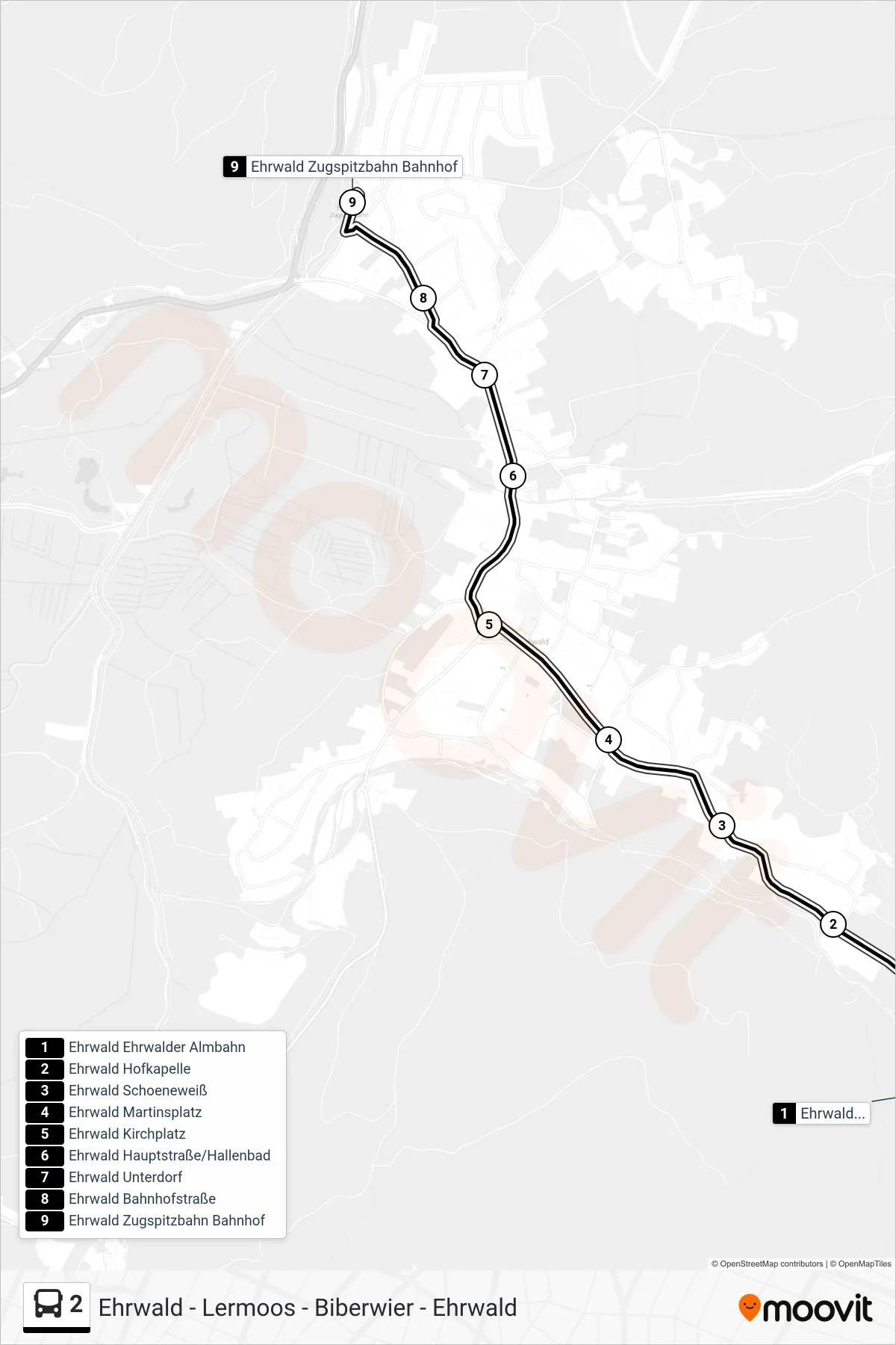 2 bus Line (Ehrwald Zugspitzbahn Bahnhof) route and stops on a map