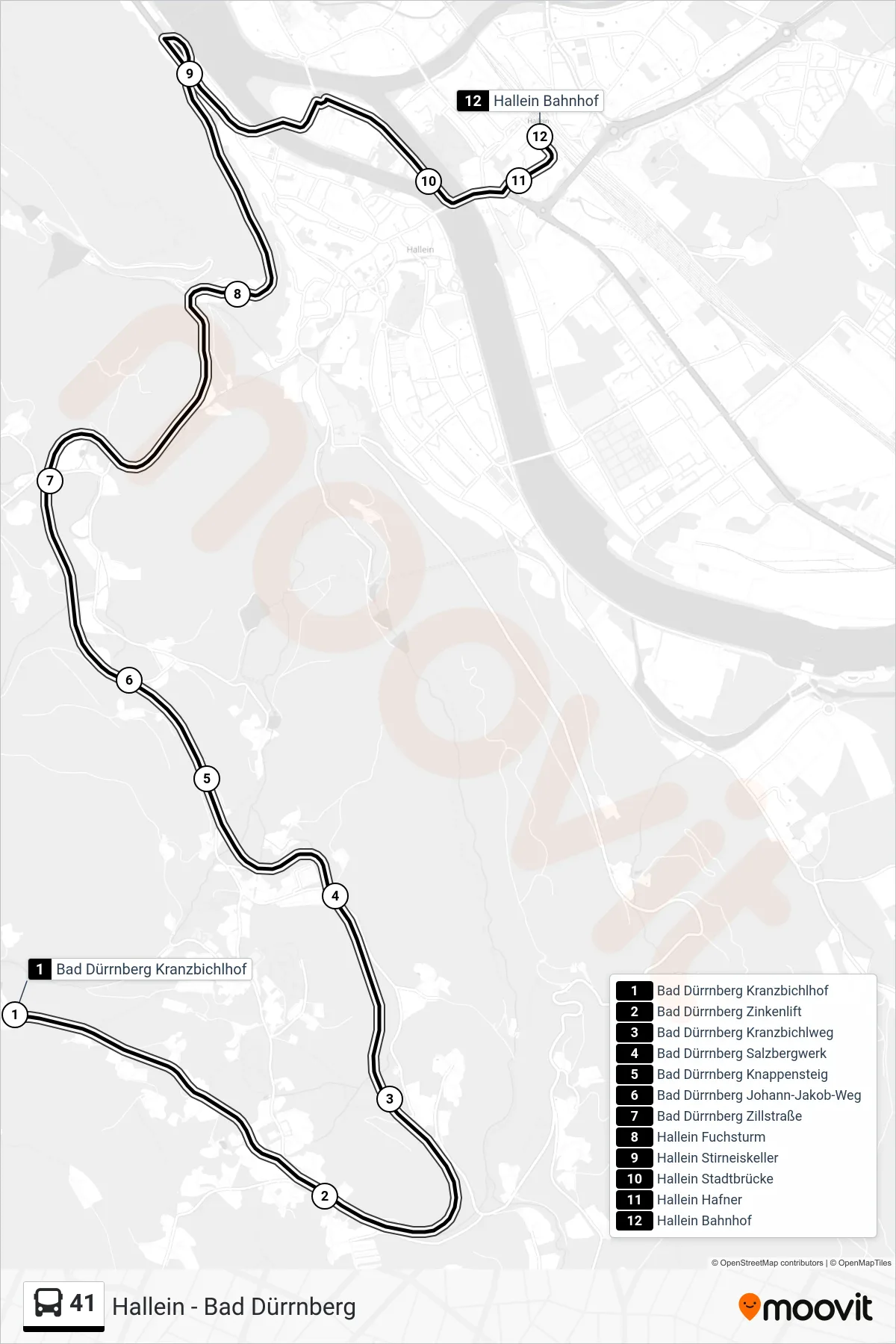Linie 41 (Bus) Richtung Hallein Bahnhof (West): Route und Haltestellen auf der Karte