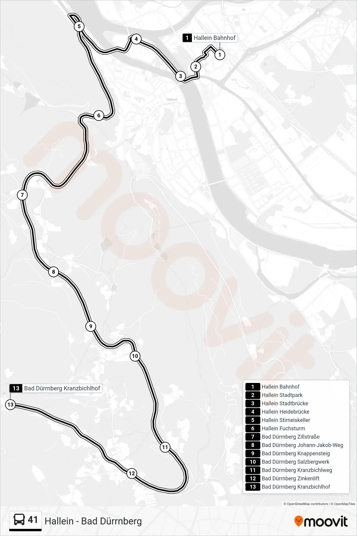 41 bus Line (Bad Dürrnberg Kranzbichlhof) route and stops on a map