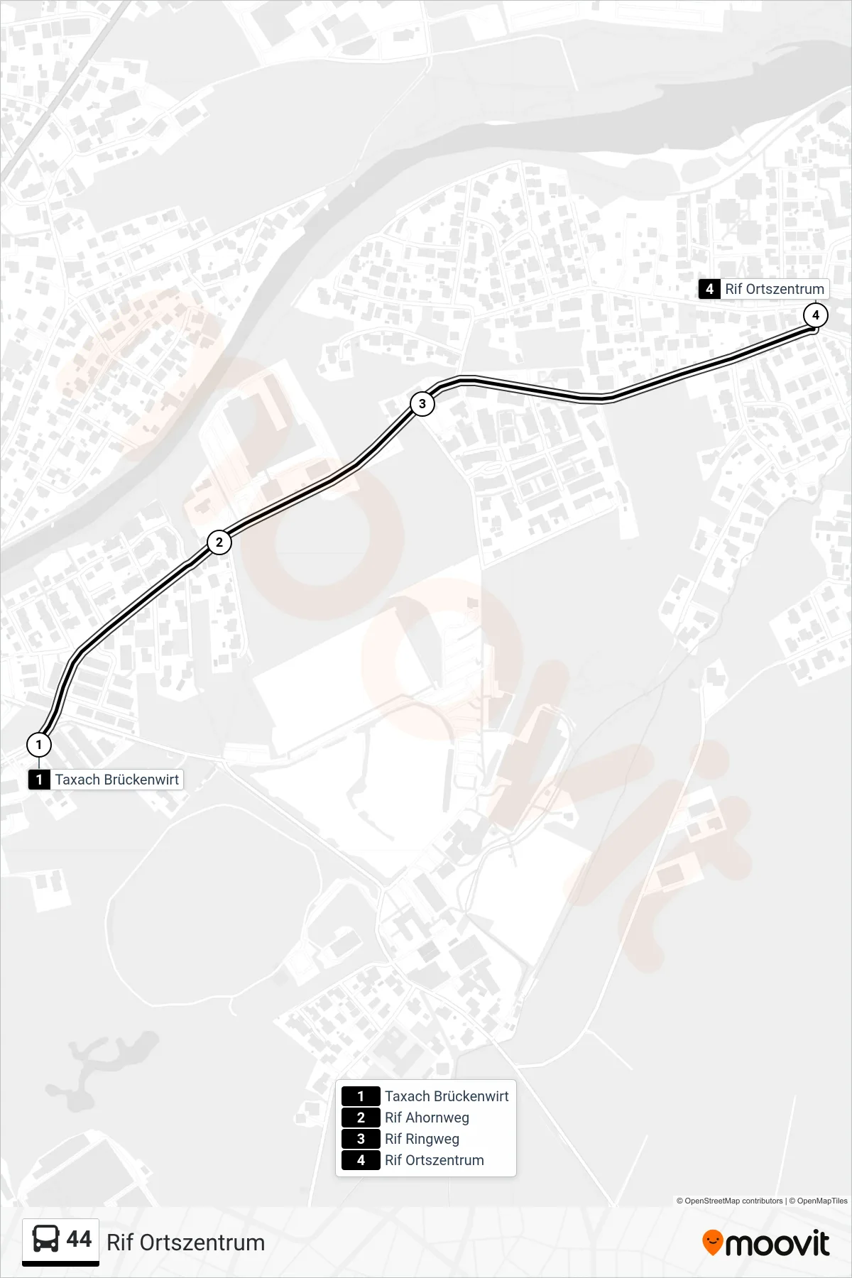 44 bus Line (Rif Ortszentrum) route and stops on a map