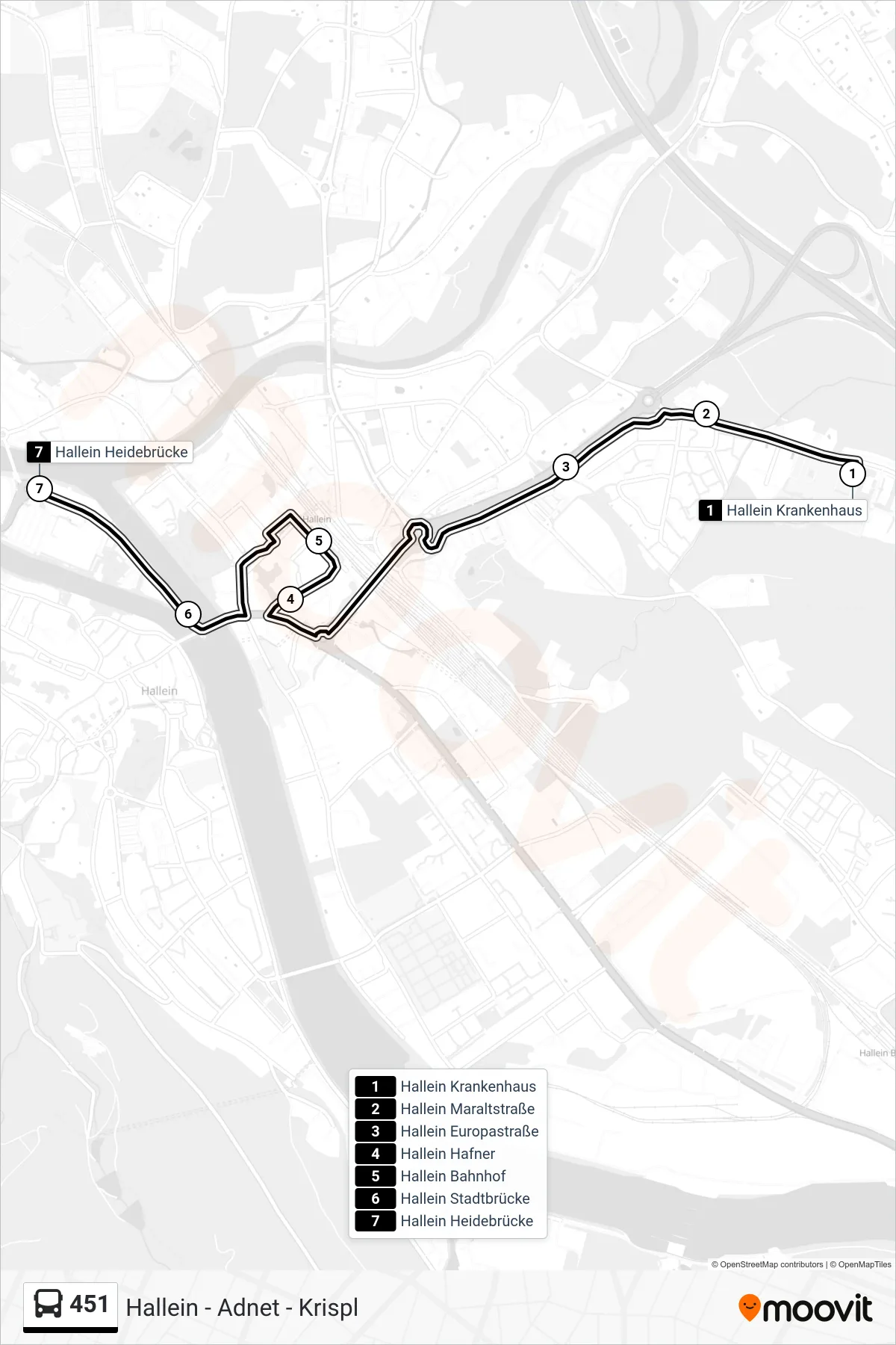 Linie 451 (Bus) Richtung Hallein Heidebrücke: Route und Haltestellen auf der Karte