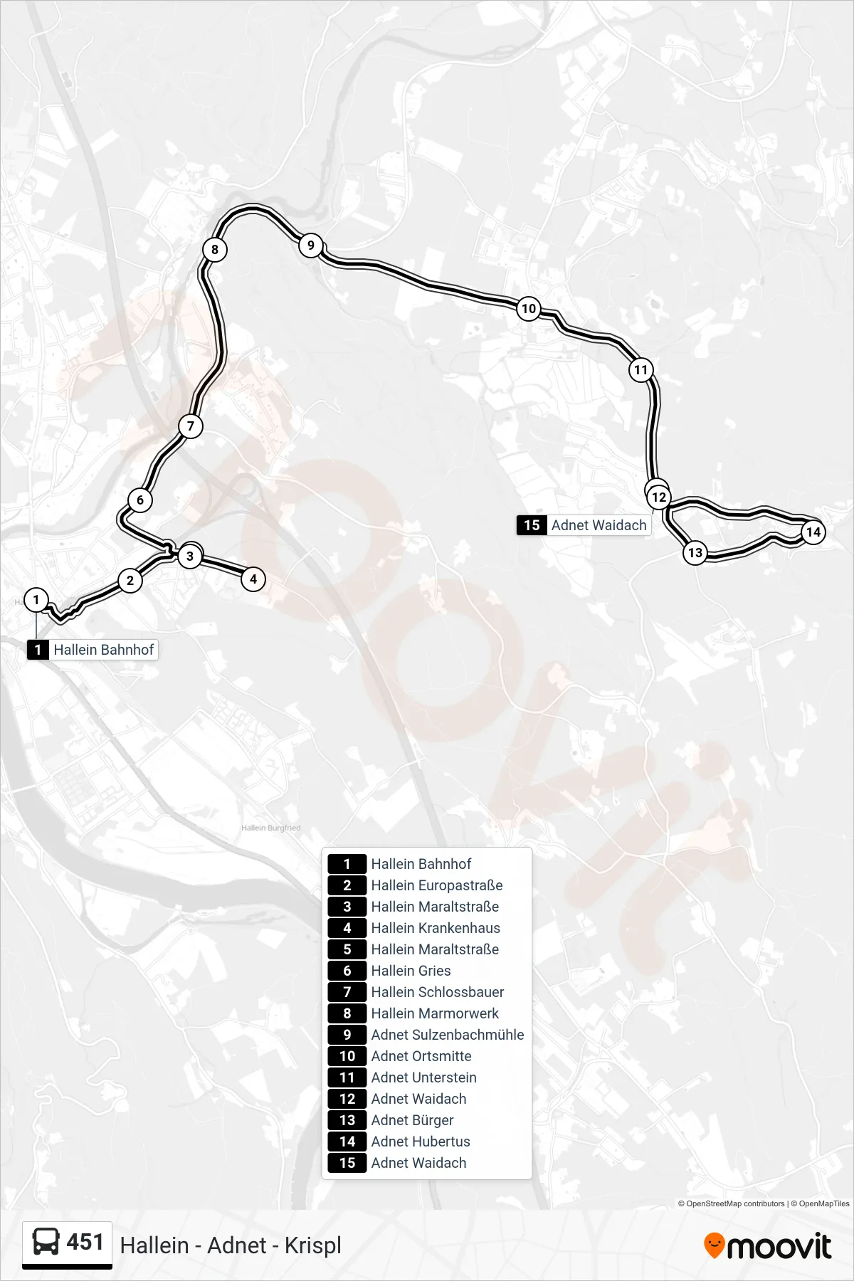 451 bus Line (Adnet Hubertus Via Krankenhaus) route and stops on a map
