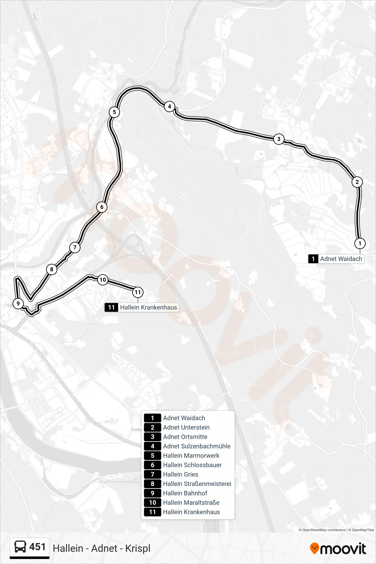 451 bus Line (Hallein Krankenhaus Via Hallein Bf (Ost)) route and stops on a map