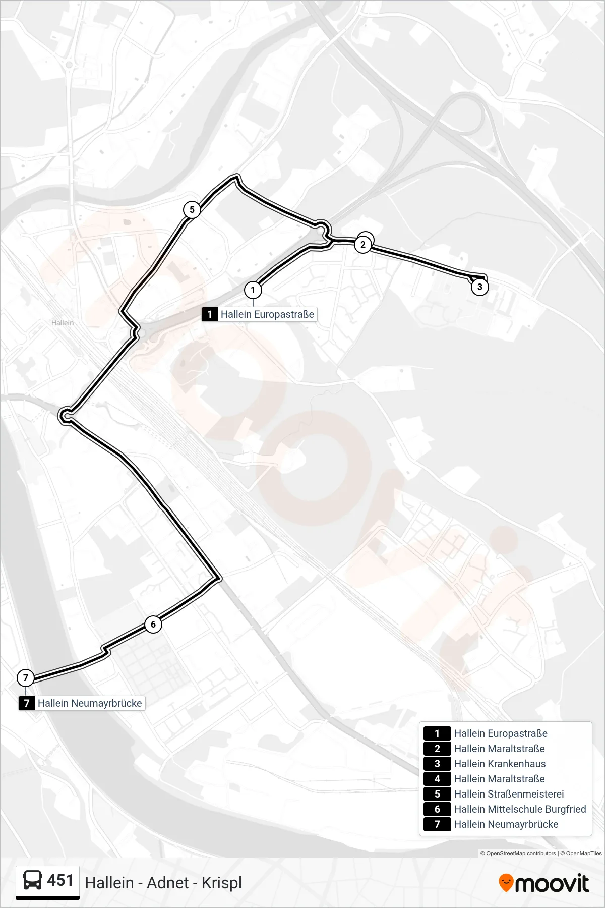451 bus Line (Hallein Neumayrbrücke) route and stops on a map