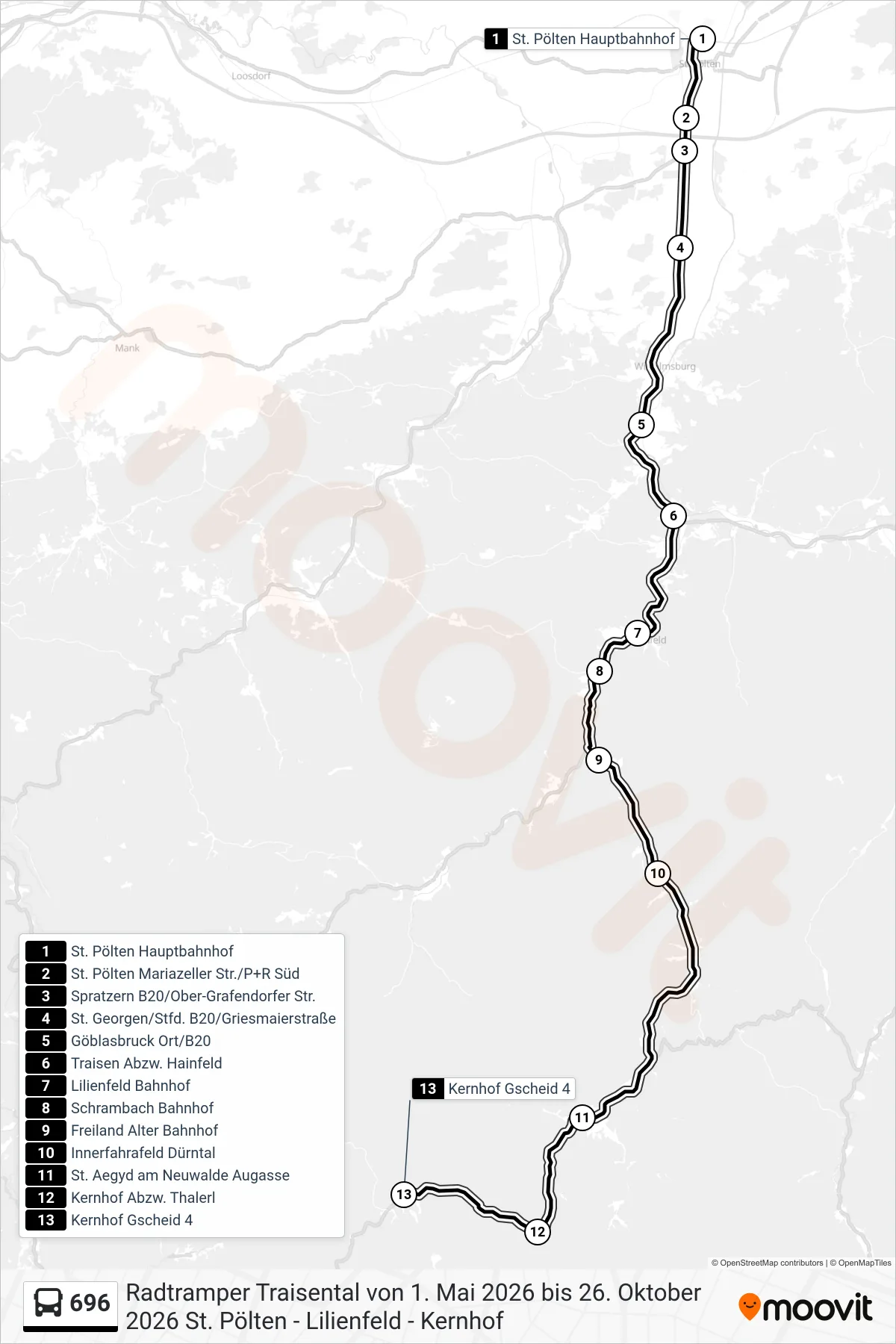 Linie 696 (Bus) Richtung Kernhof Gscheid 4: Route und Haltestellen auf der Karte