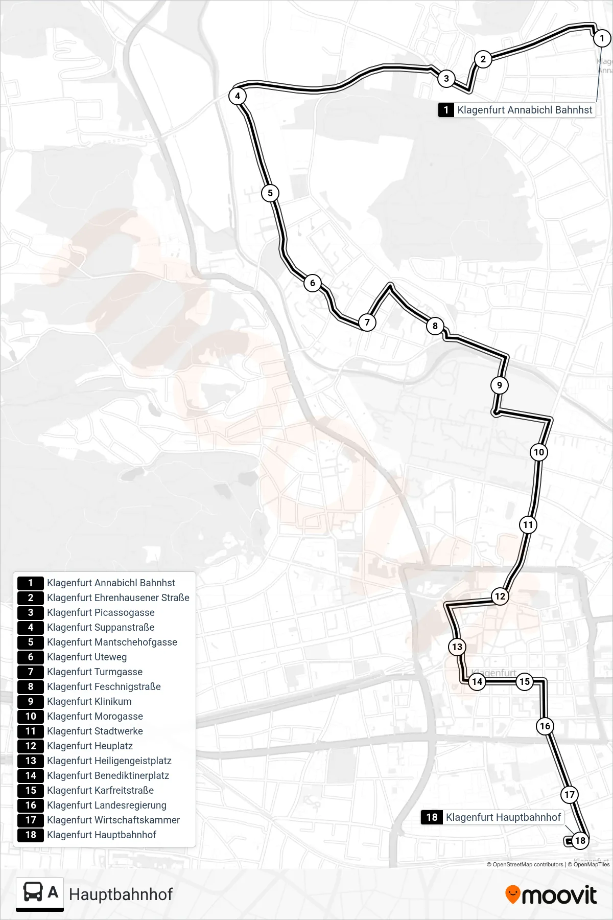 A bus Line (Hauptbahnhof) route and stops on a map