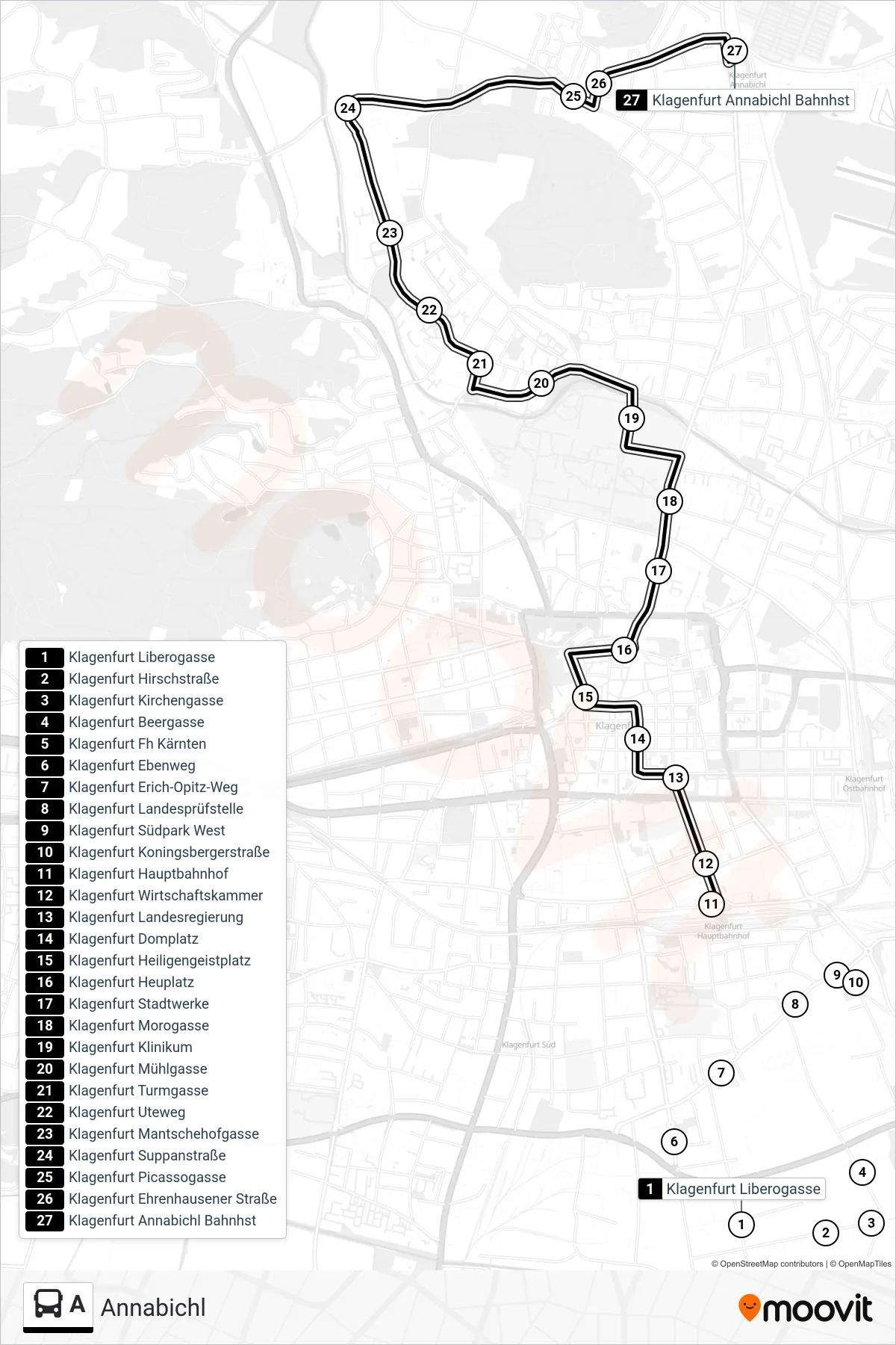 A bus Line (Annabichl) route and stops on a map