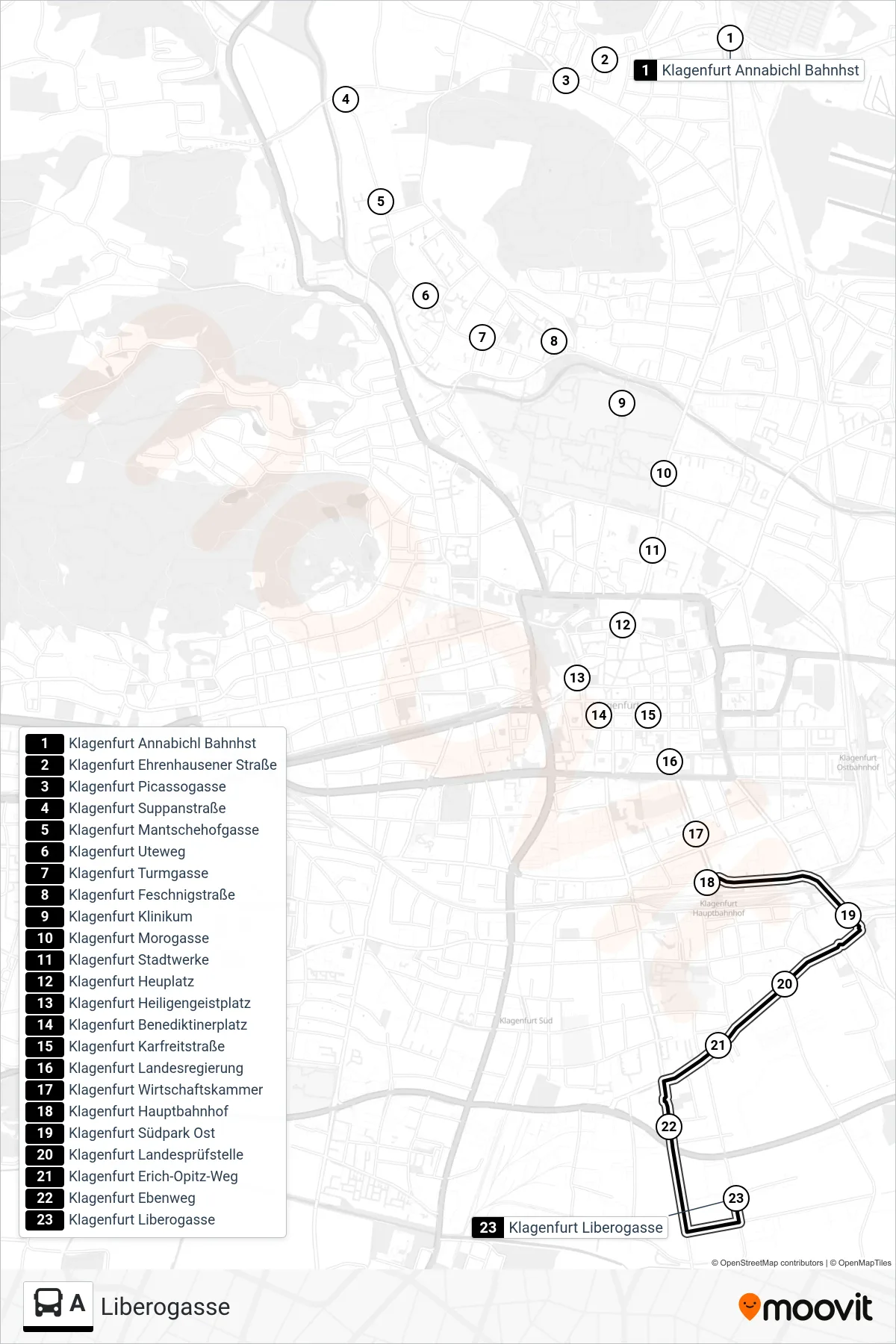 A bus Line (Liberogasse) route and stops on a map