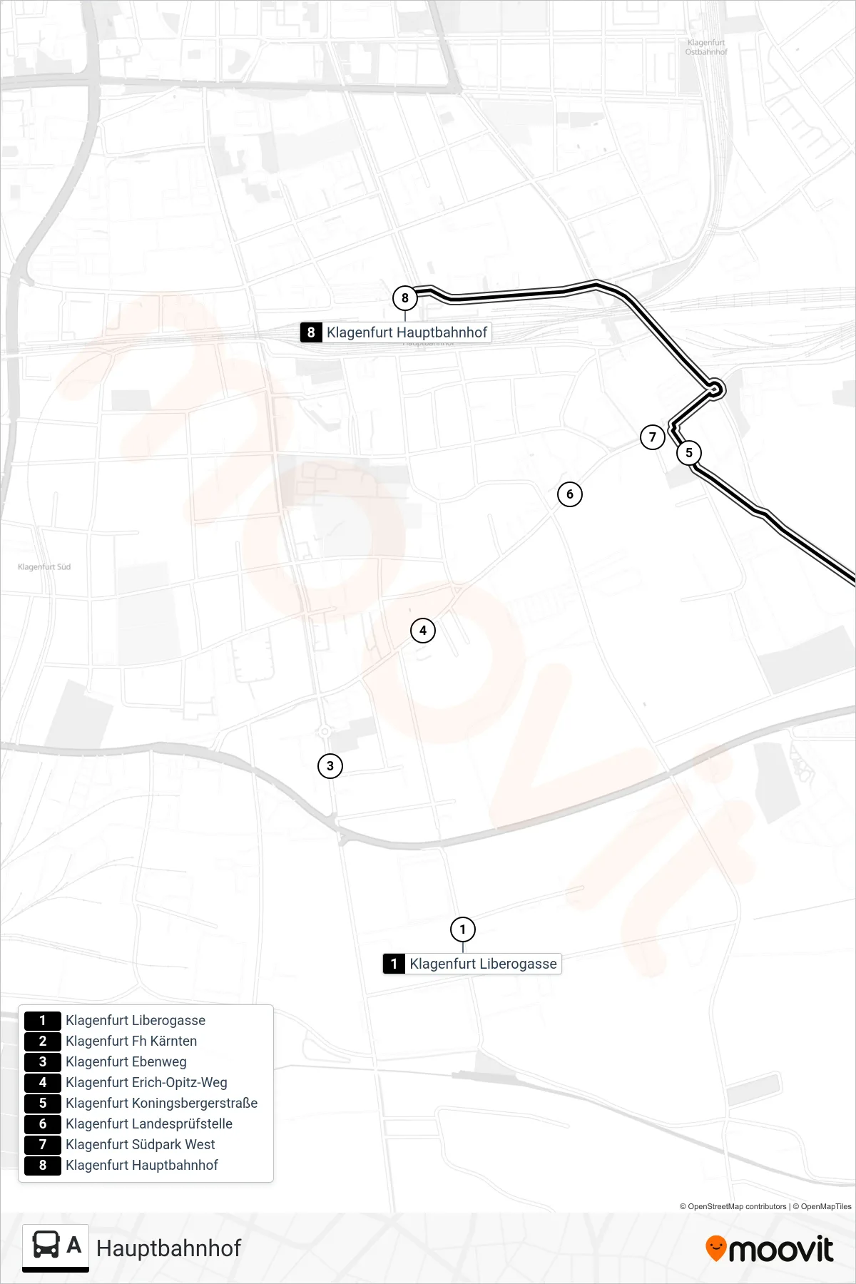 A bus Line (Hauptbahnhof) route and stops on a map