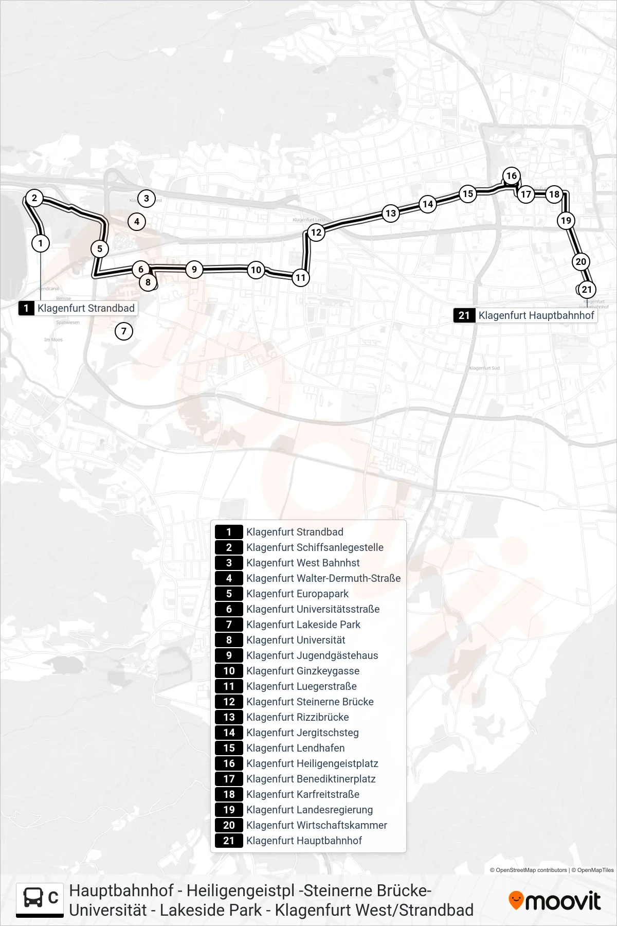 C bus Line (Hauptbahnhof) route and stops on a map