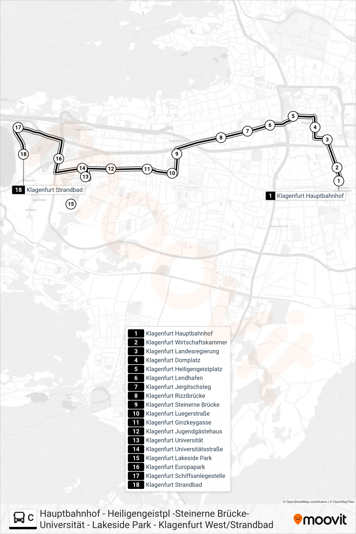 C bus Line (Strandbad) route and stops on a map