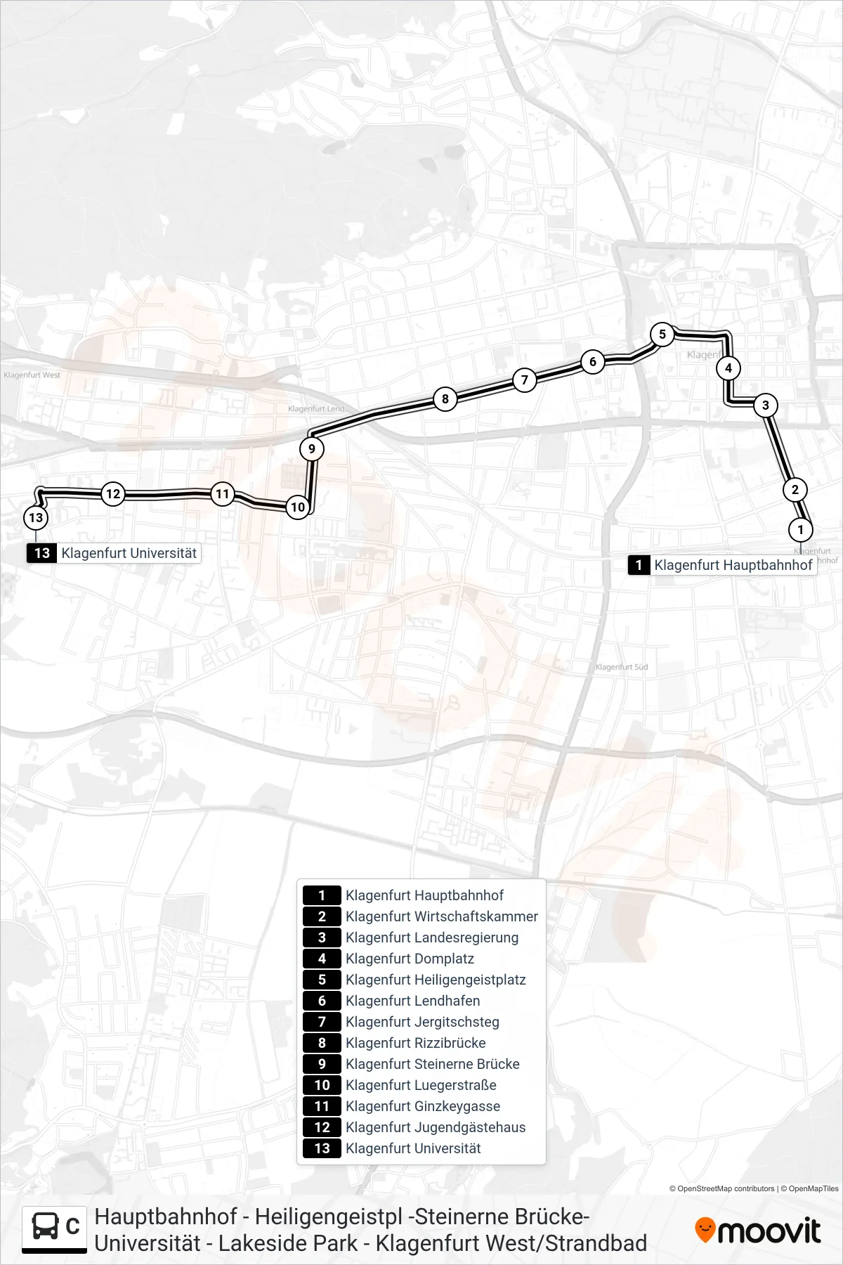 C bus Line (Universität) route and stops on a map