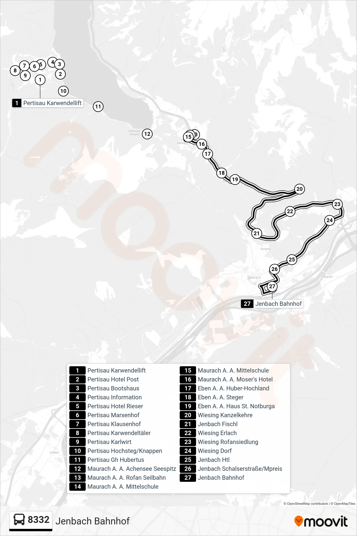8332 bus Line (Jenbach Bahnhof) route and stops on a map