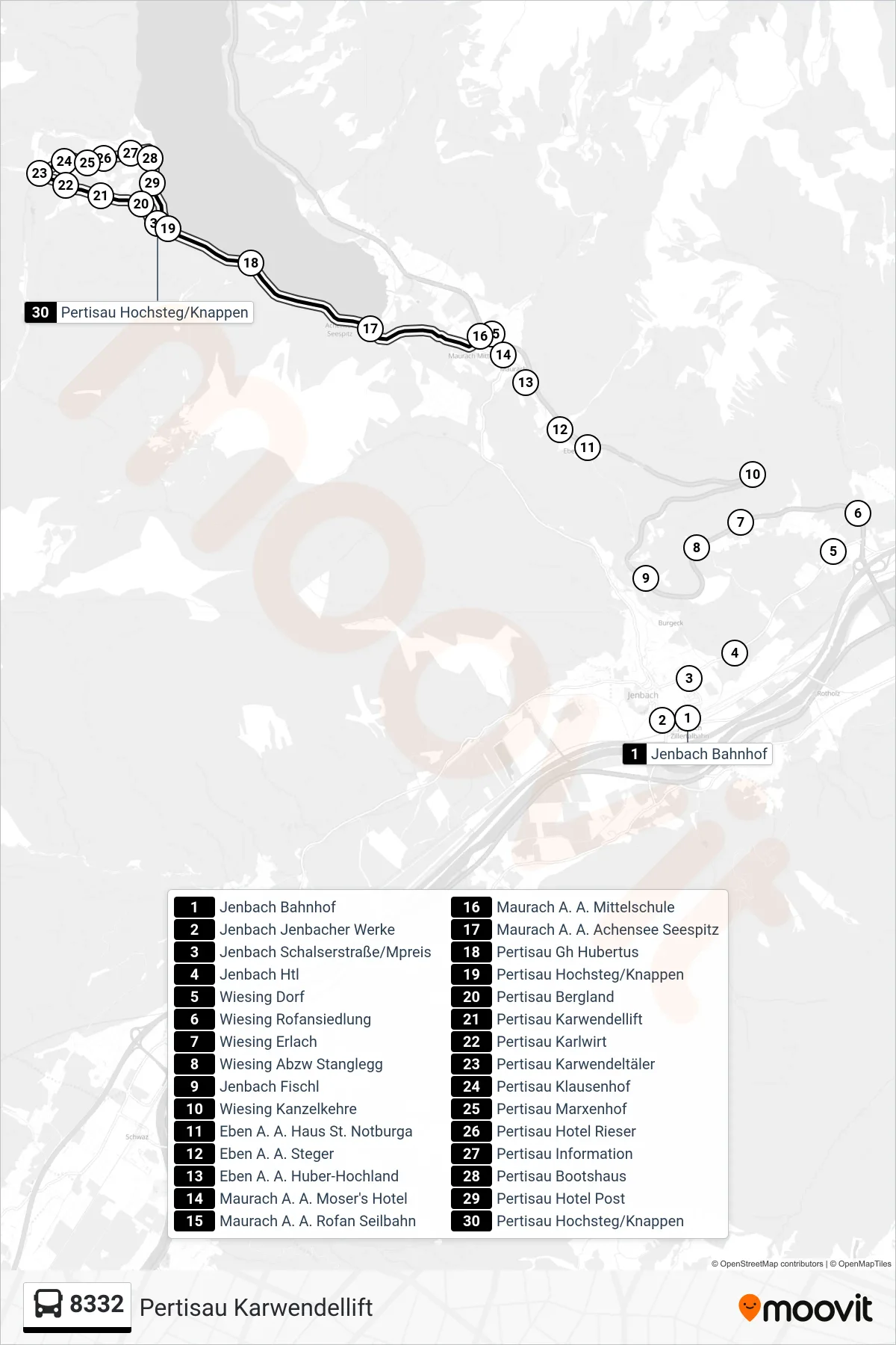 8332 bus Line (Pertisau Karwendellift) route and stops on a map