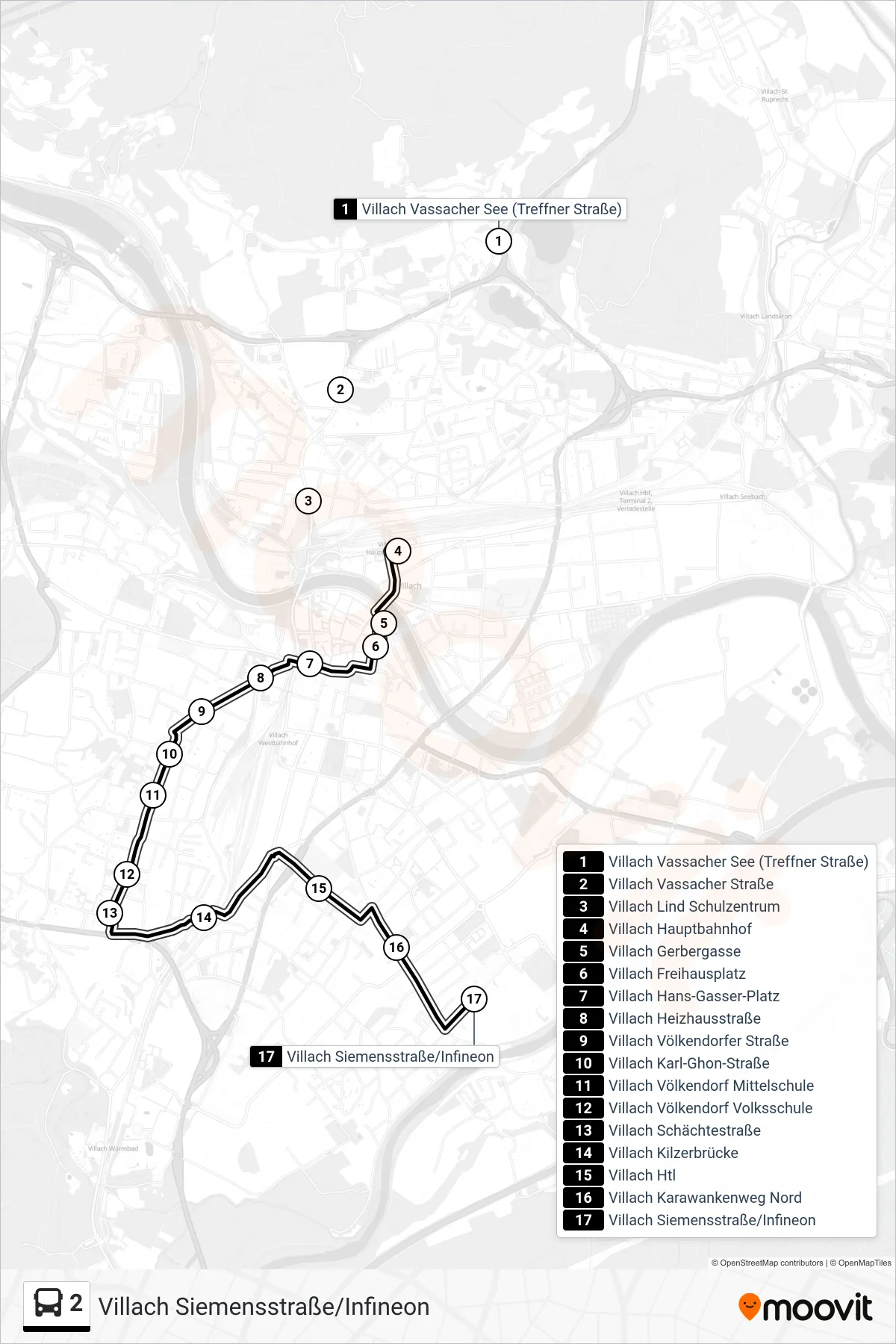 2 bus Line (Villach Siemensstraße/Infineon) route and stops on a map