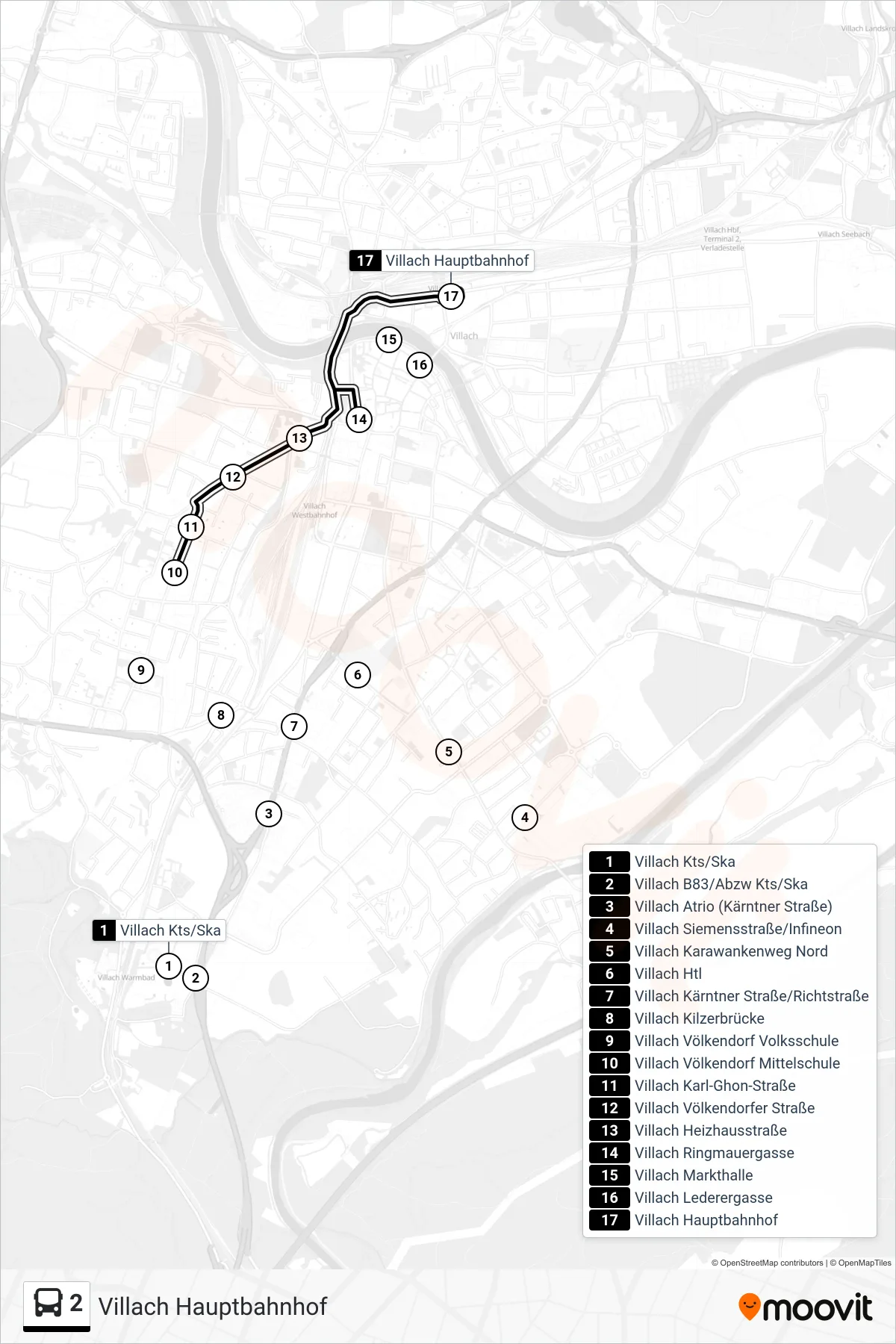 2 bus Line (Villach Hauptbahnhof) route and stops on a map