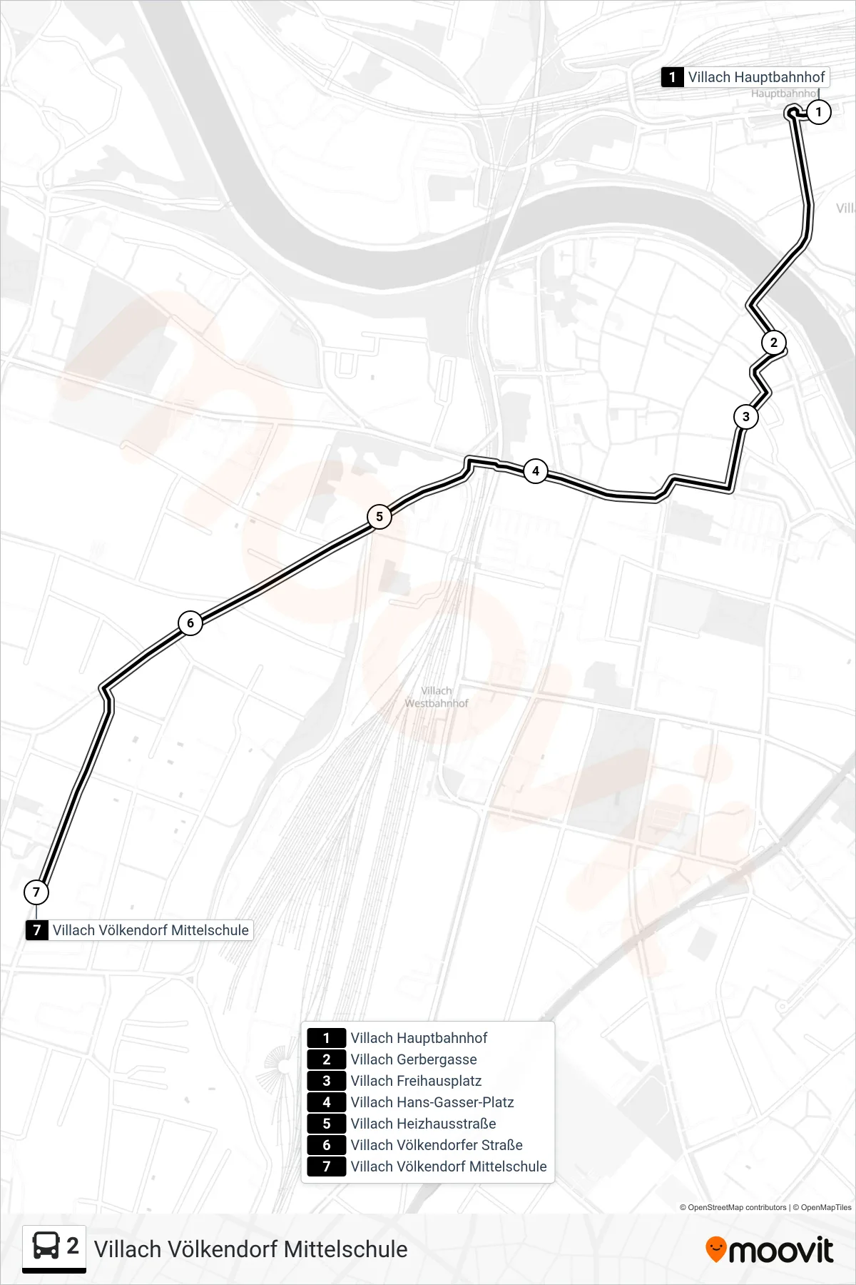 2 bus Line (Villach Völkendorf Mittelschule) route and stops on a map