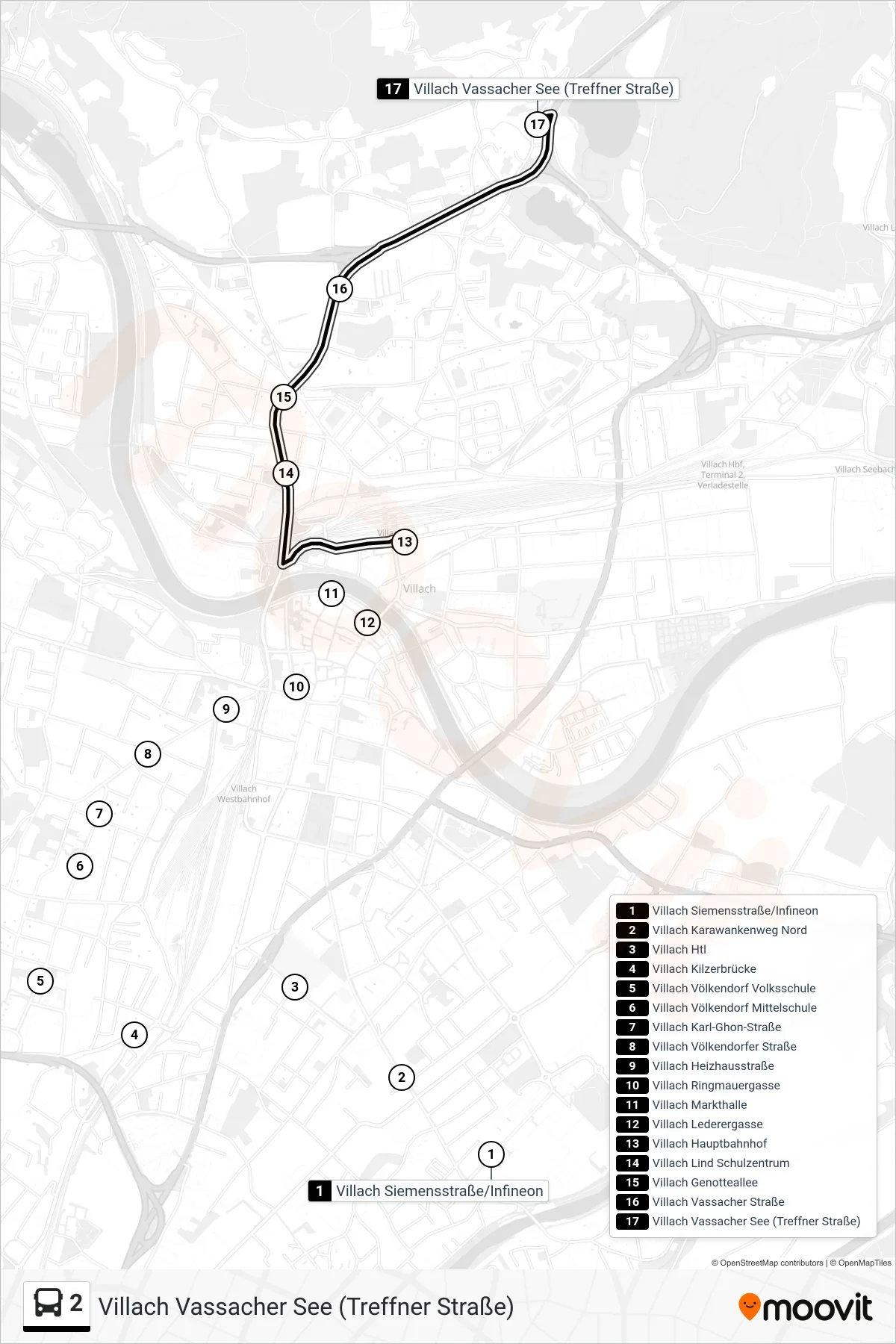 2 bus Line (Villach Vassacher See (Treffner Straße)) route and stops on a map