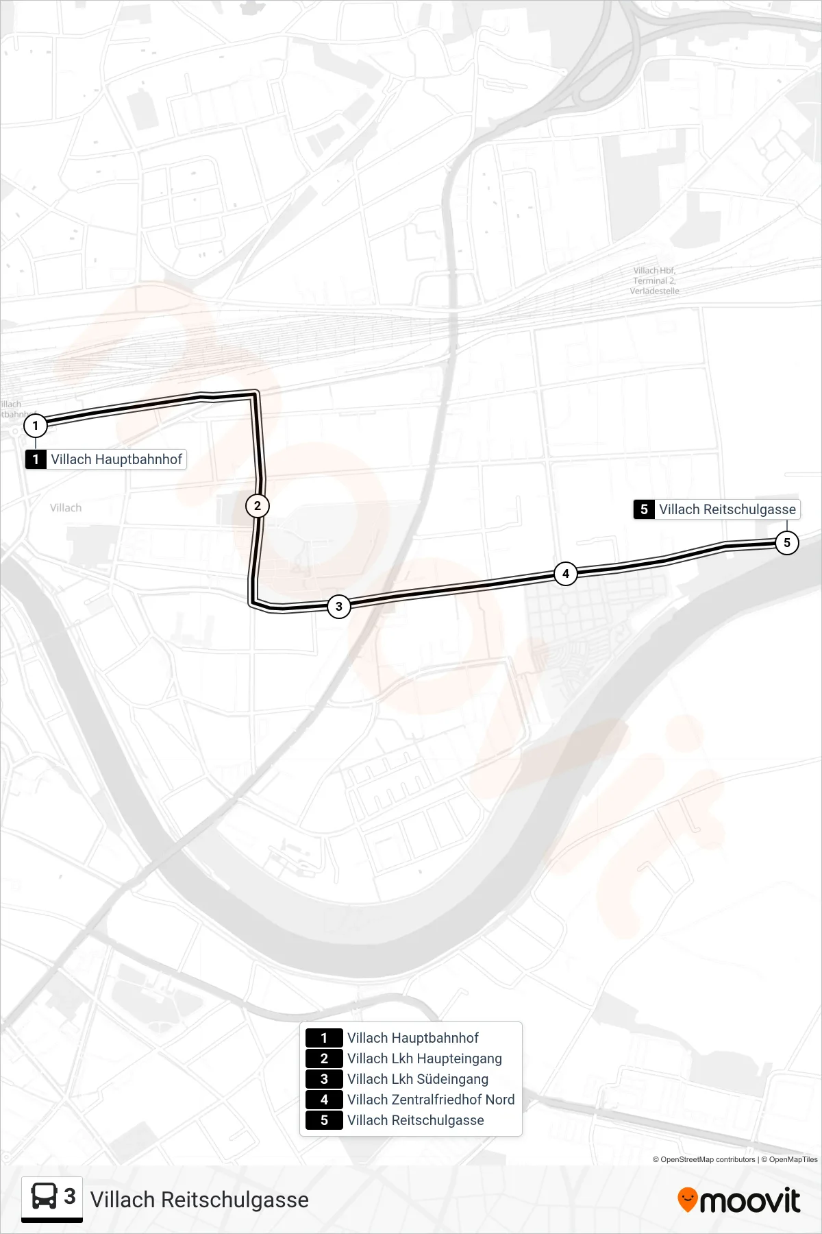 Linie 3 (Bus) Richtung Villach Reitschulgasse: Route und Haltestellen auf der Karte