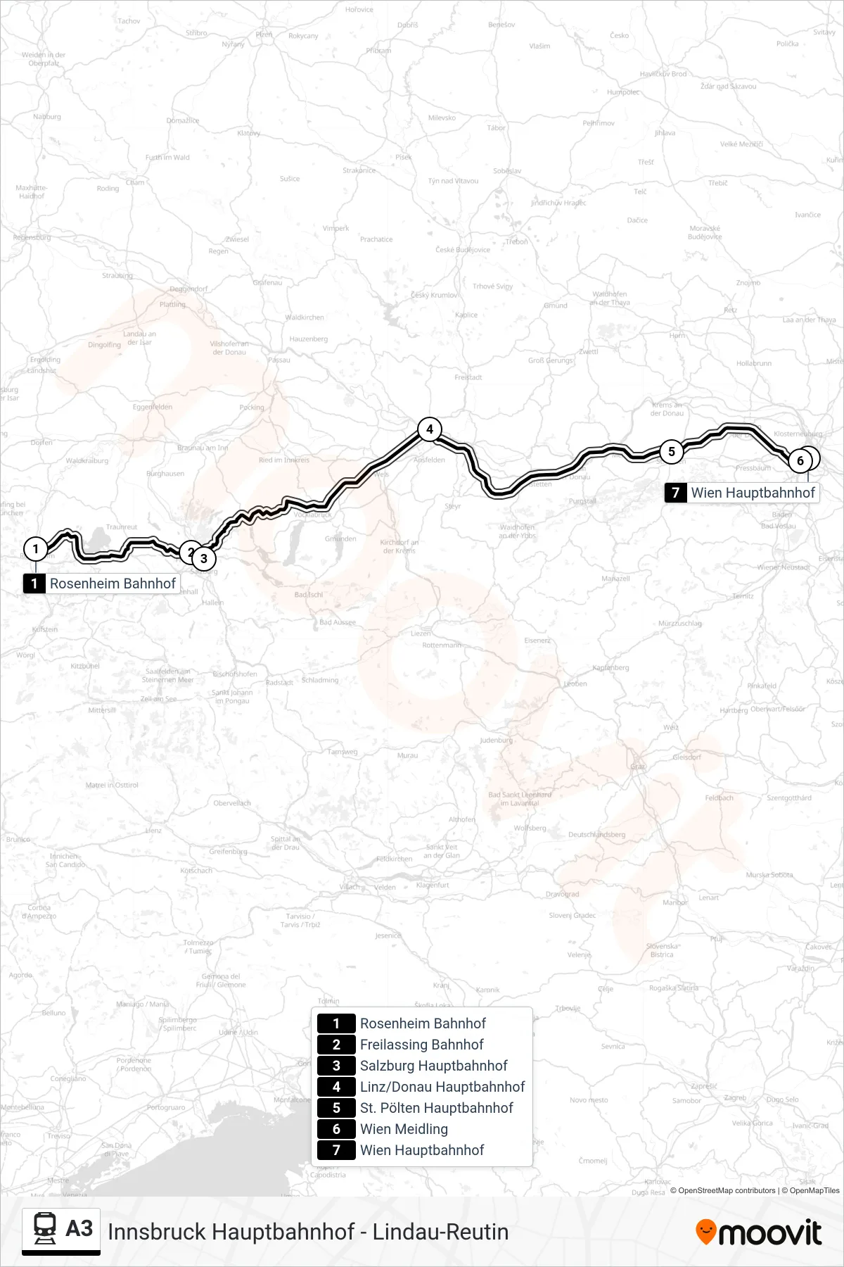 A3 tram Line (Wien Hauptbahnhof) route and stops on a map