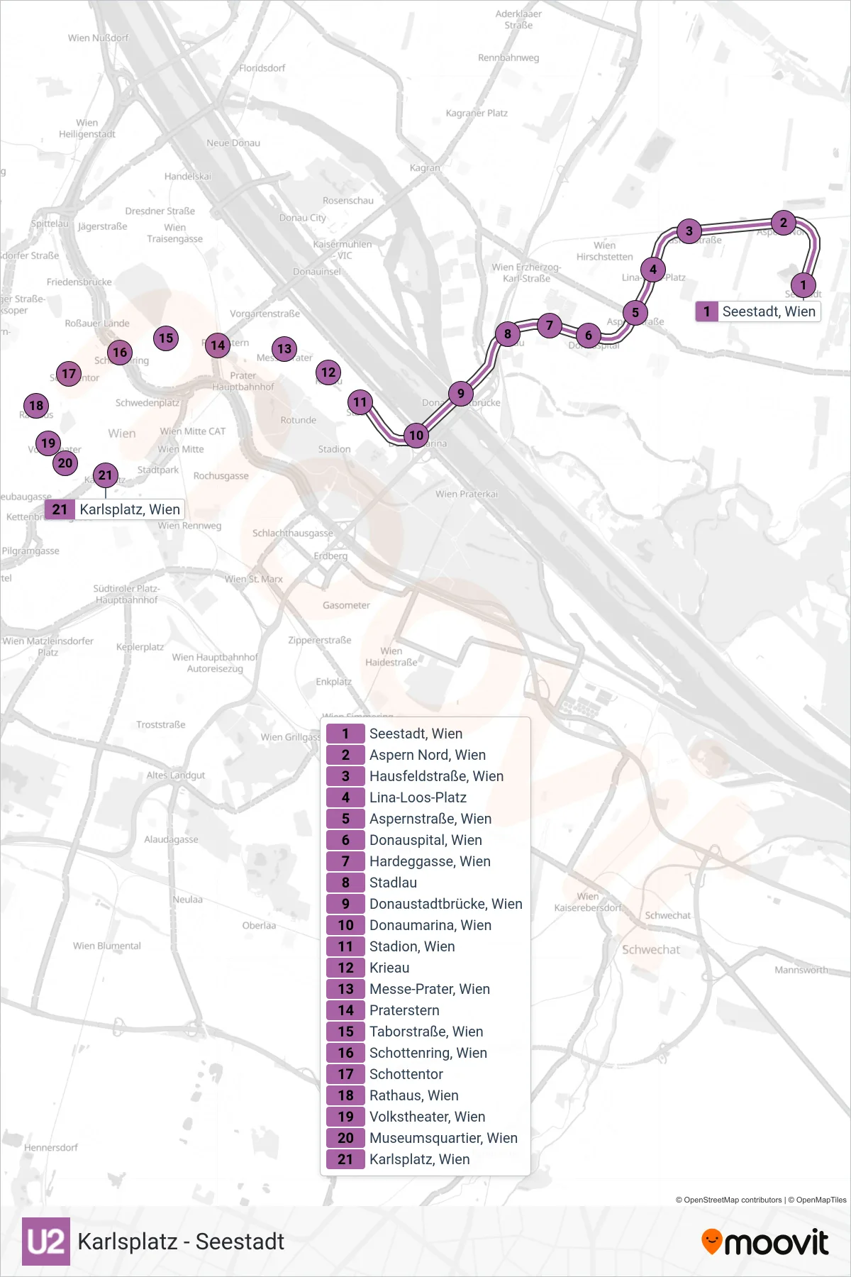 Linie U2 (U-Bahn) Richtung Karlsplatz: Route und Haltestellen auf der Karte