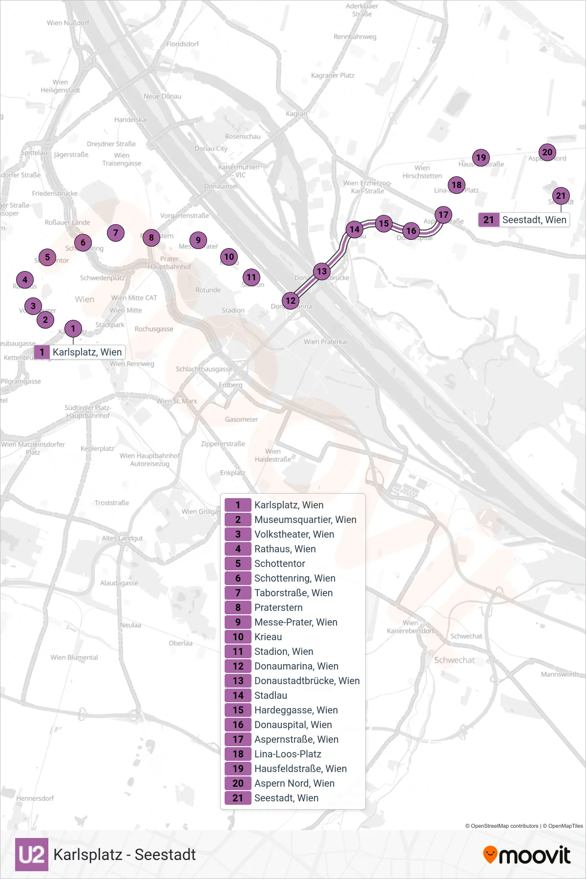 Linie U2 (U-Bahn) Richtung Seestadt: Route und Haltestellen auf der Karte