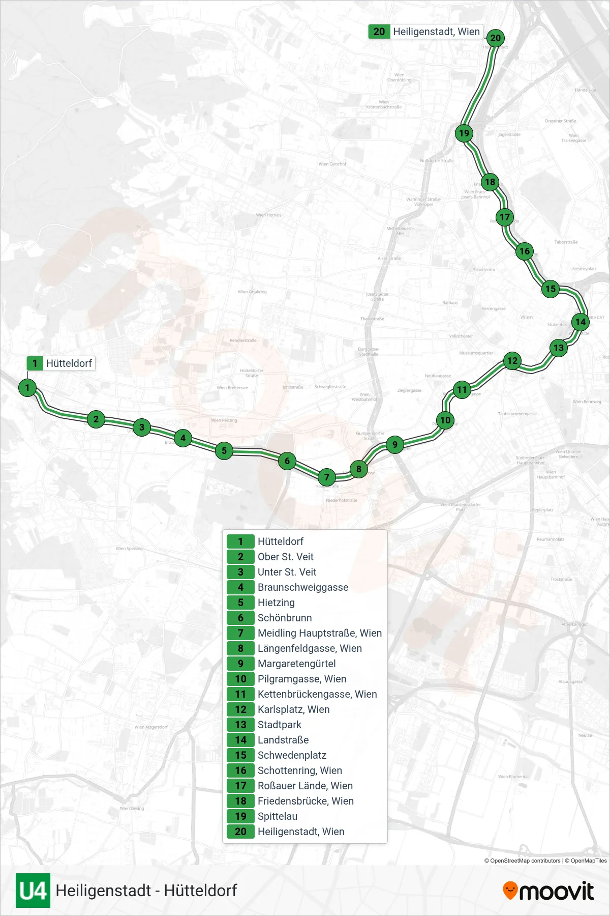 Linie U4 (U-Bahn) Richtung Heiligenstadt: Route und Haltestellen auf der Karte