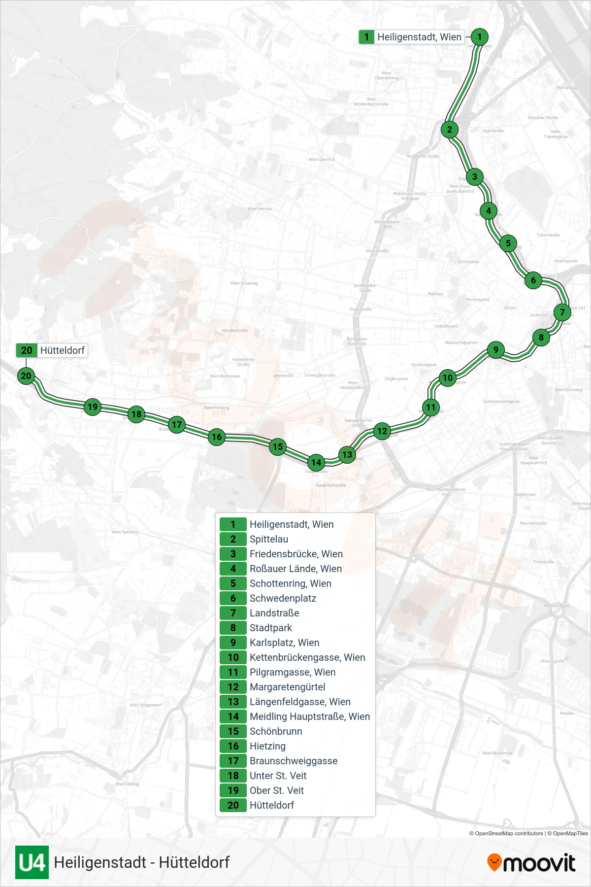 U4 subway Line (Hütteldorf) route and stops on a map